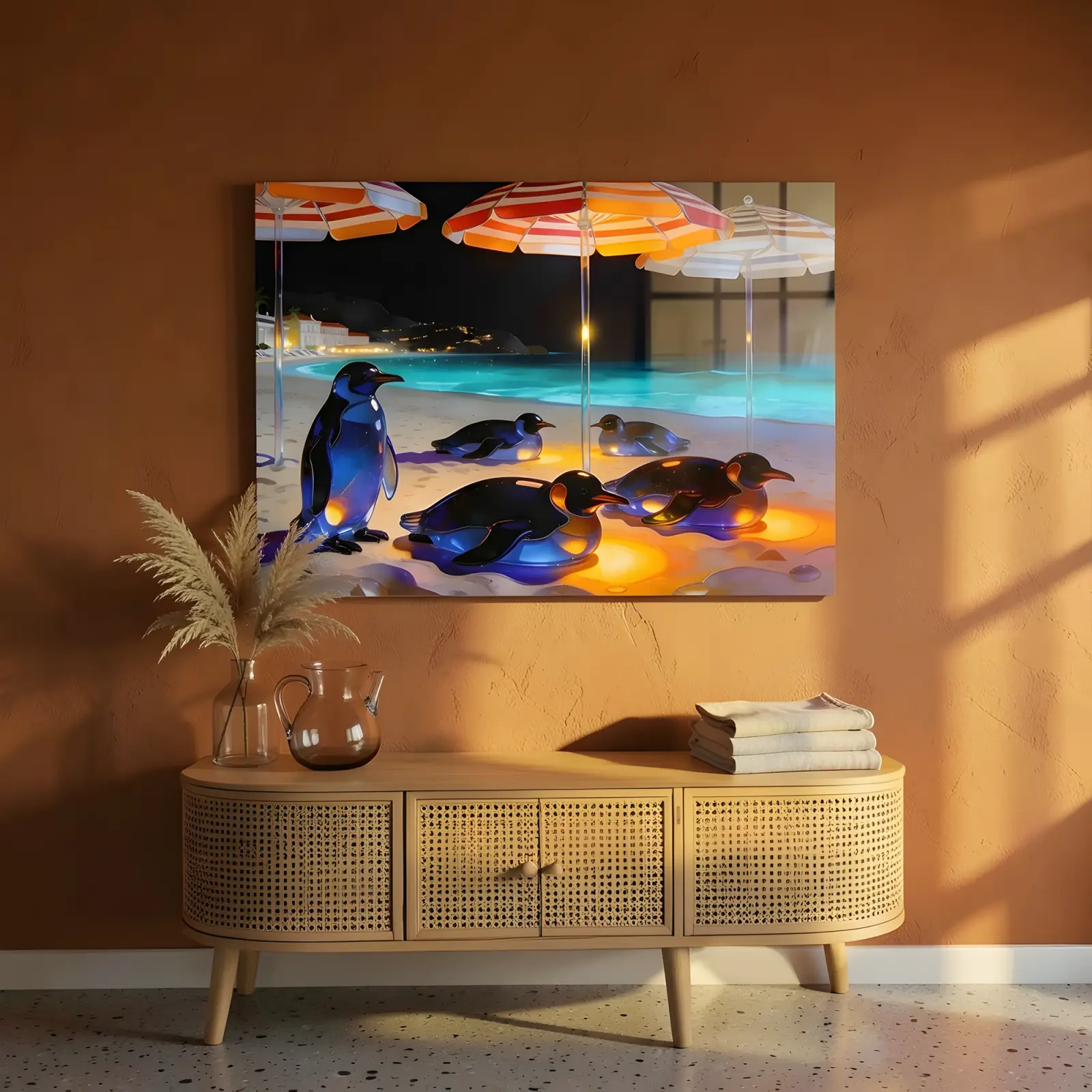 Penguin Beach Wall Art Glowing Night Shore Scene | Glass Wall Art — 6