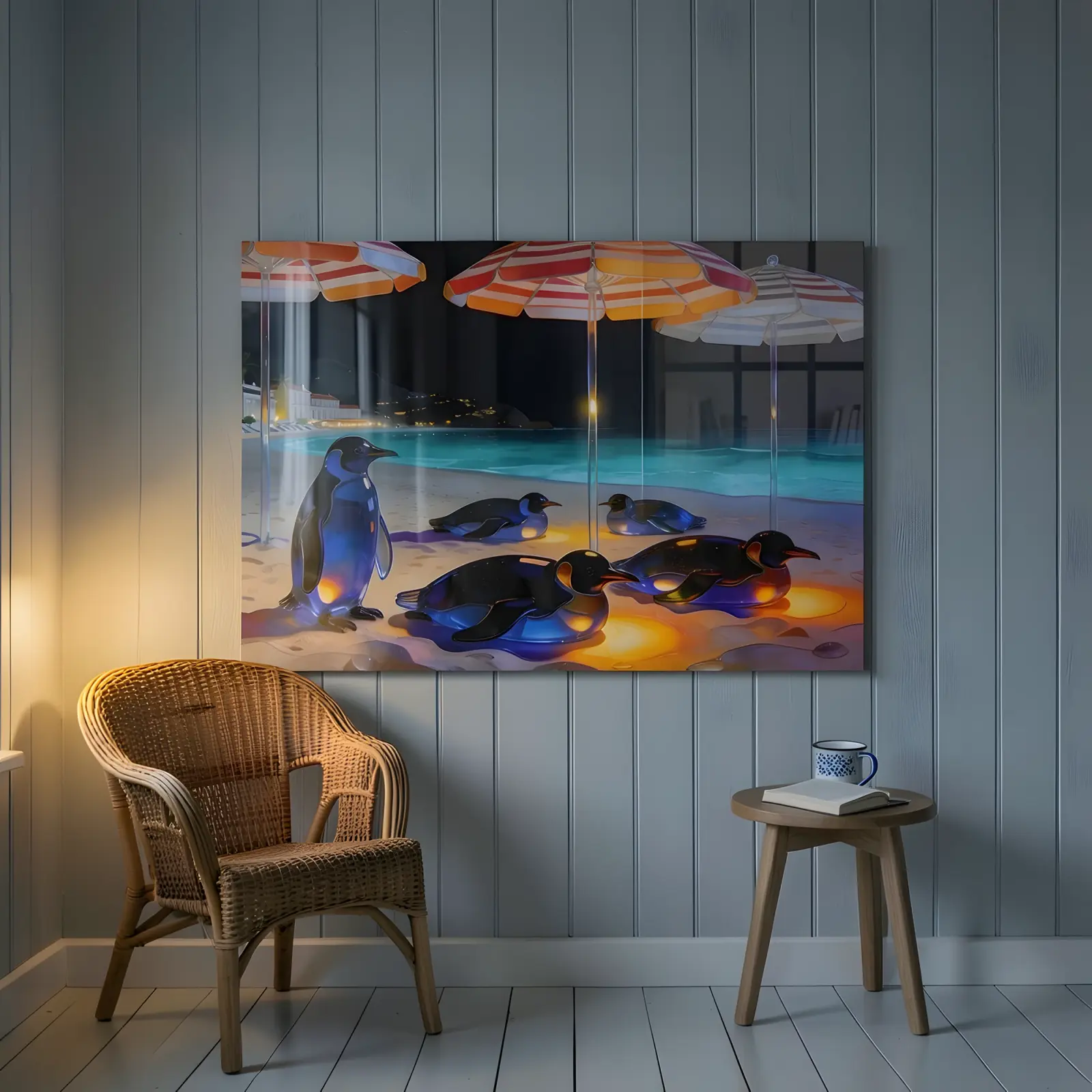 Penguin Beach Wall Art Glowing Night Shore Scene | Glass Wall Art — 7