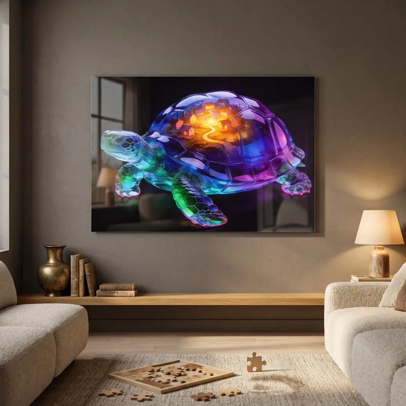 Glowing Turtle Glass Wall Art Fantasy Village Shell | Tempered Glass Print