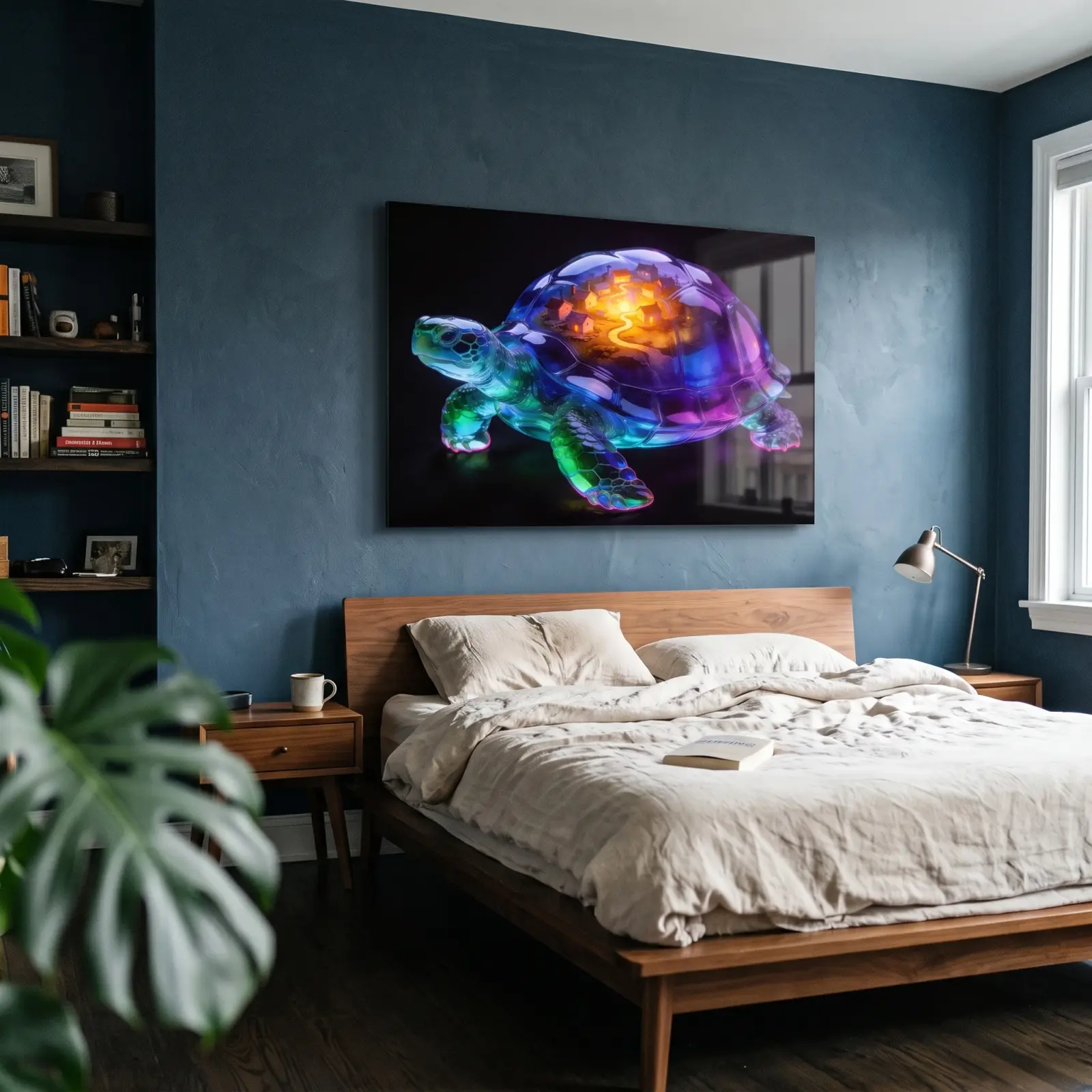 Glowing Turtle Glass Wall Art Fantasy Village Shell | Tempered Glass Print — 2