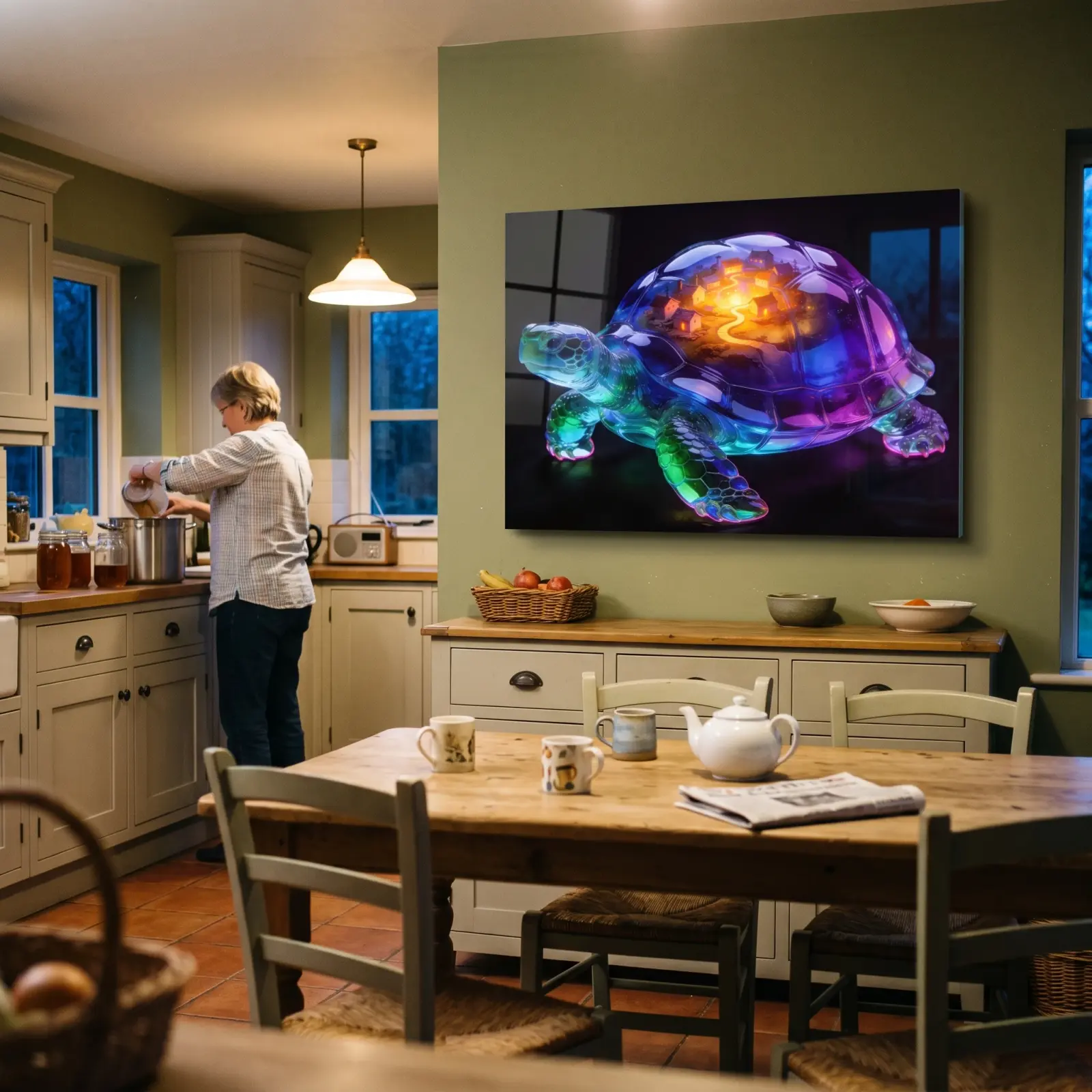 Glowing Turtle Glass Wall Art Fantasy Village Shell | Tempered Glass Print — 3