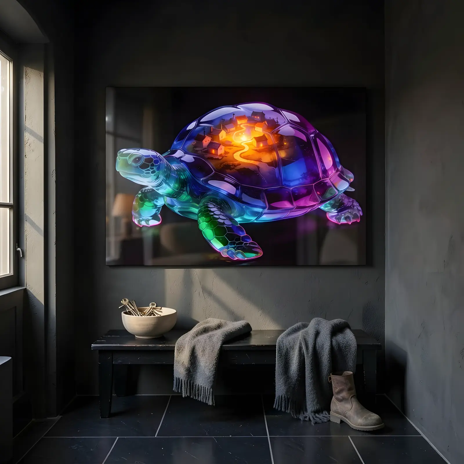 Glowing Turtle Glass Wall Art Fantasy Village Shell | Tempered Glass Print — 4