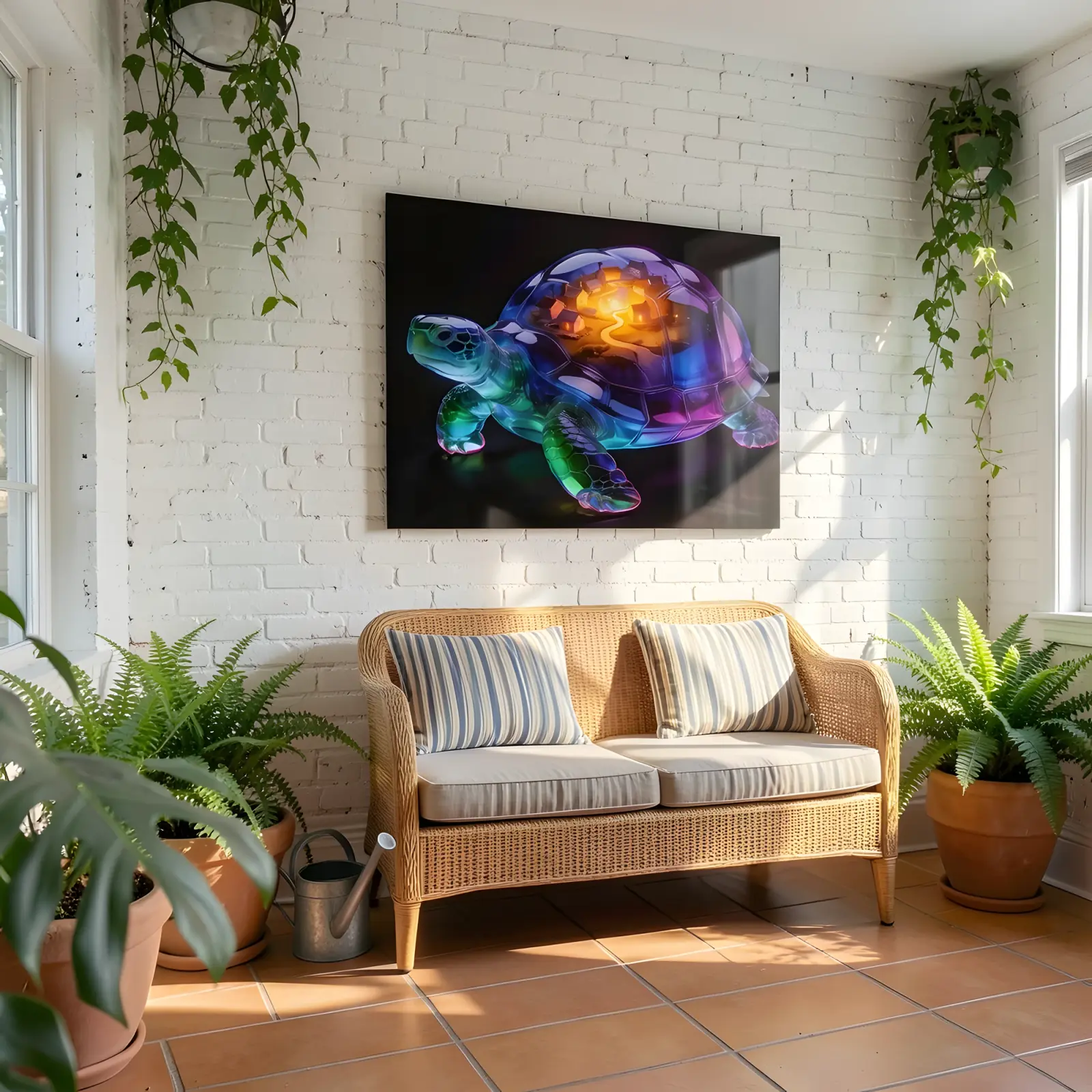 Glowing Turtle Glass Wall Art Fantasy Village Shell | Tempered Glass Print — 5