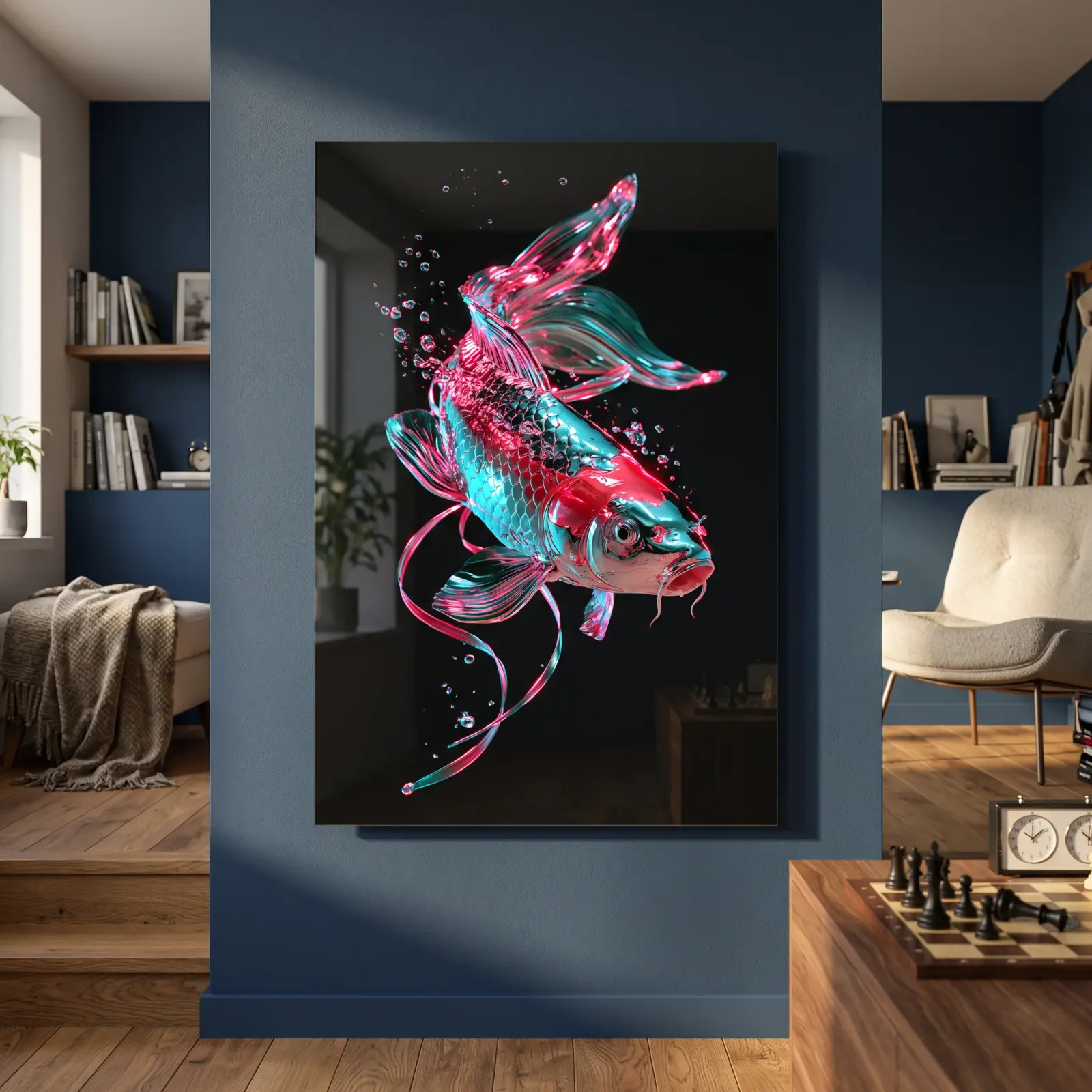 Neon Koi Fish Art Chrome Pink and Teal | Glass Wall Art