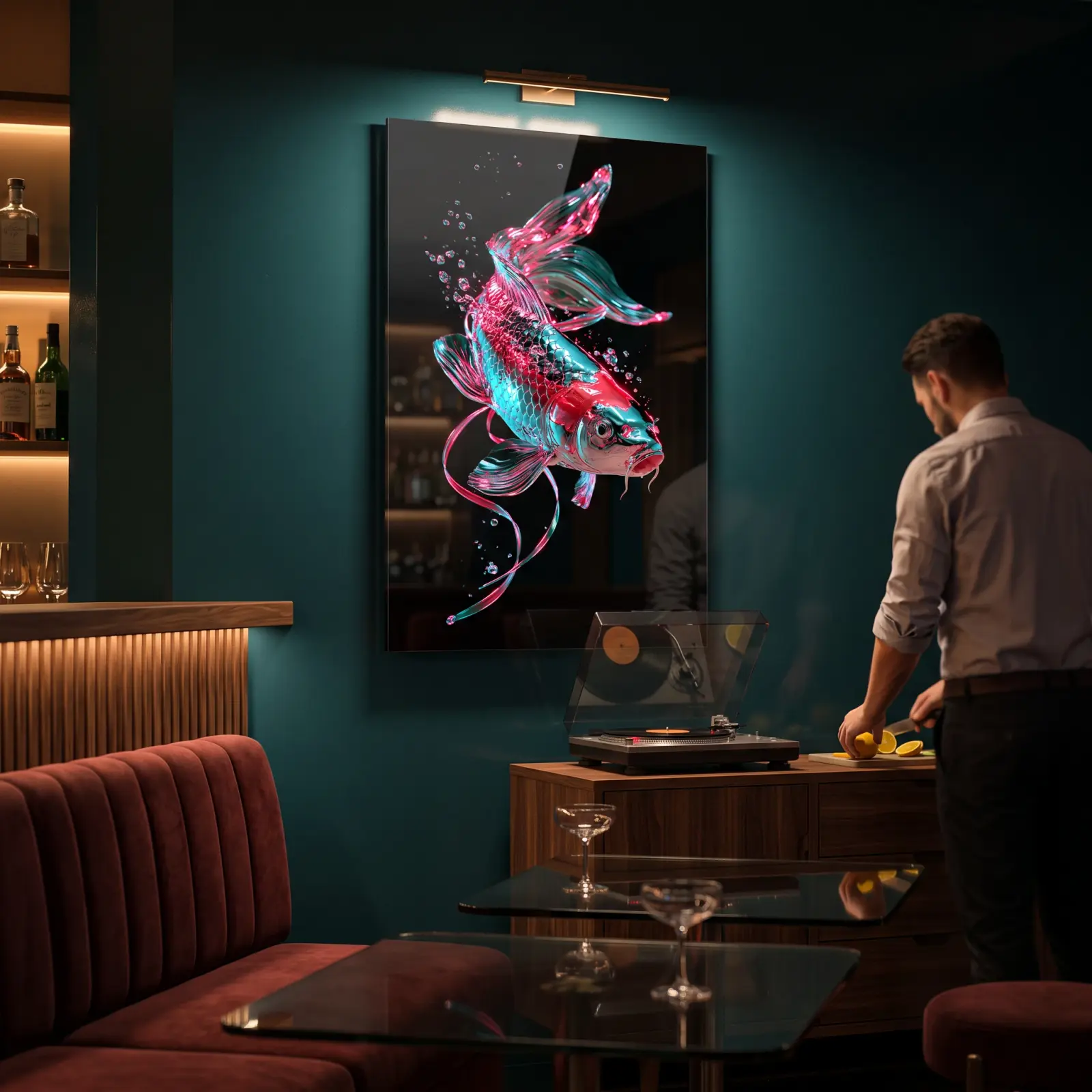 Neon Koi Fish Art Chrome Pink and Teal | Glass Wall Art — 3