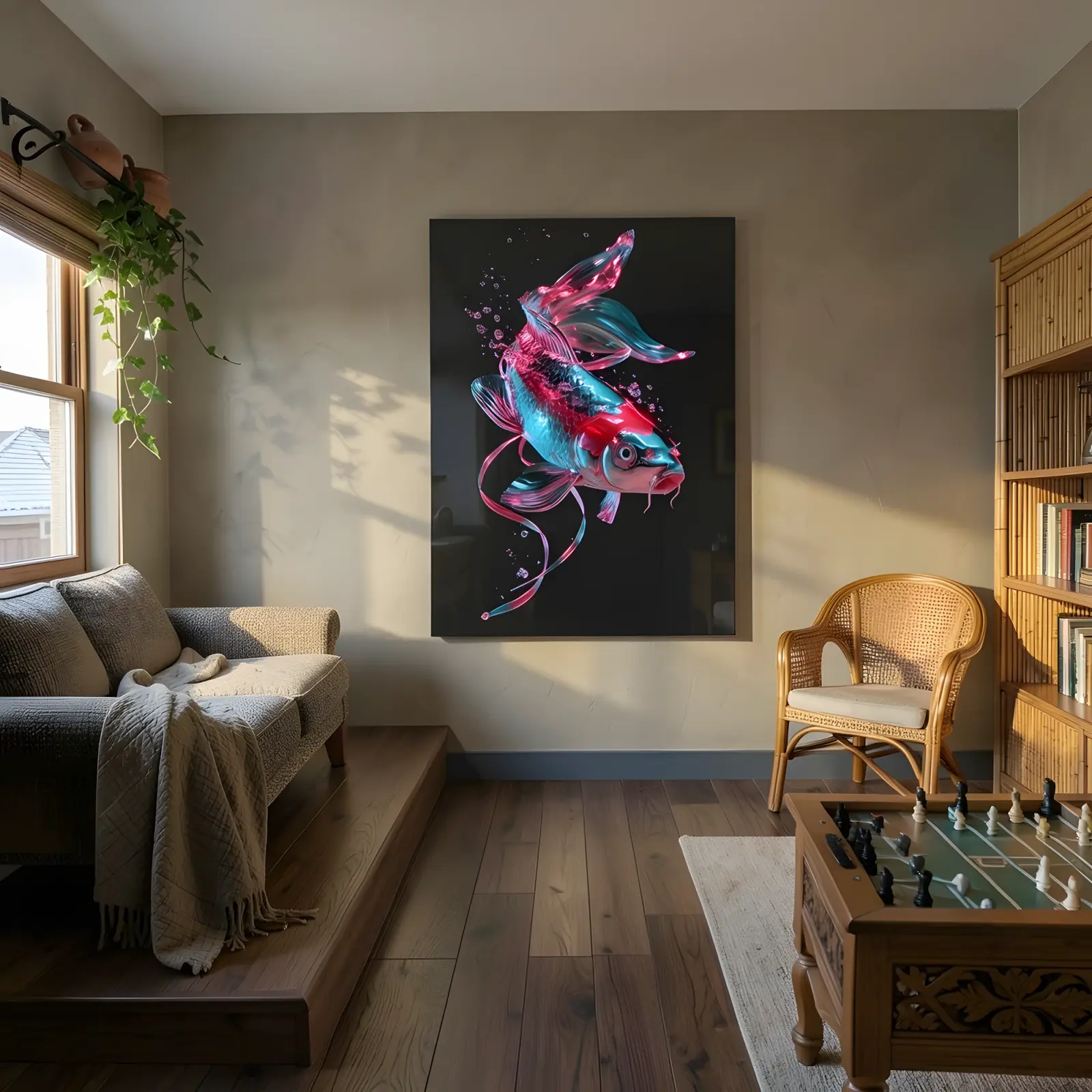 Neon Koi Fish Art Chrome Pink and Teal | Glass Wall Art — 4