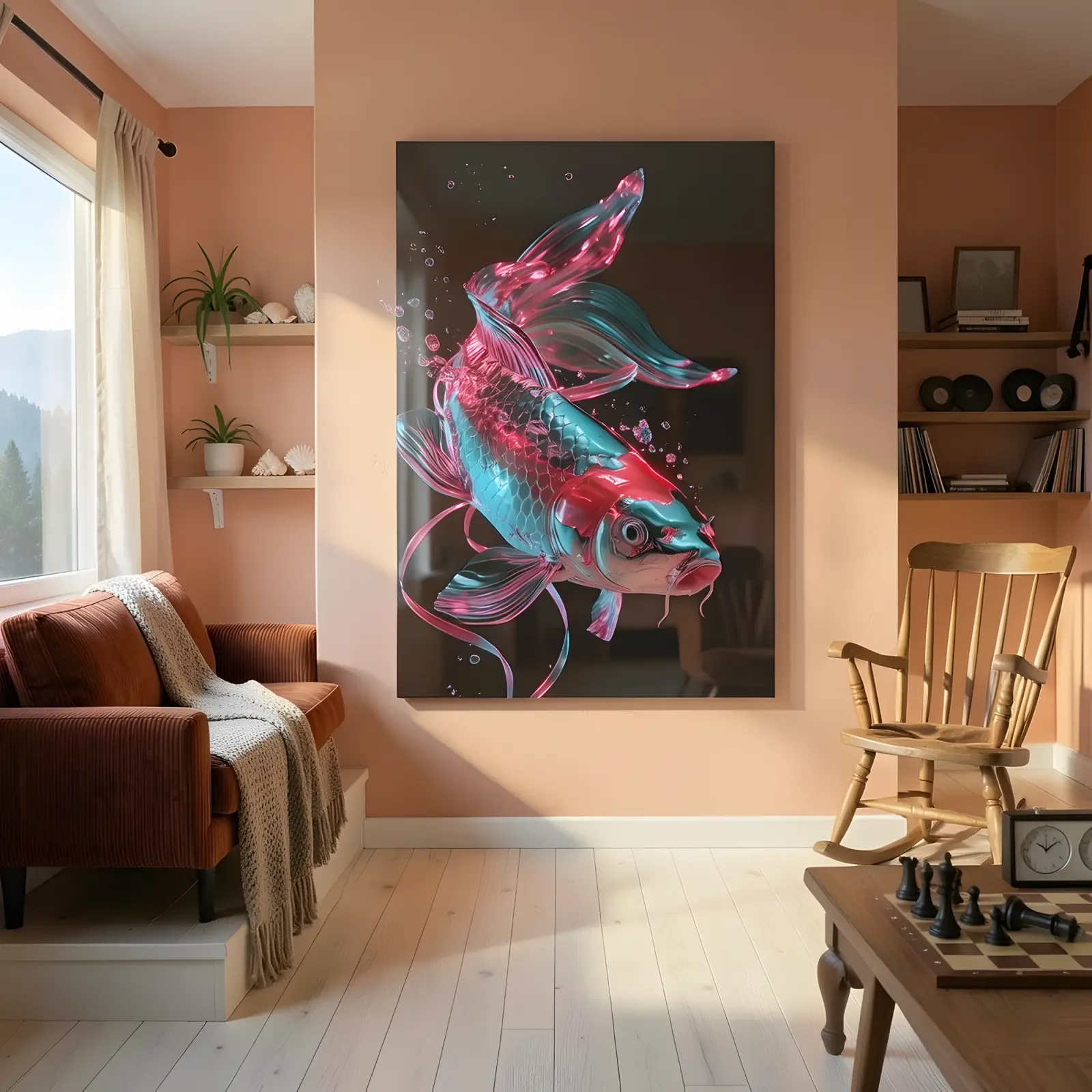 Neon Koi Fish Art Chrome Pink and Teal | Glass Wall Art — 5
