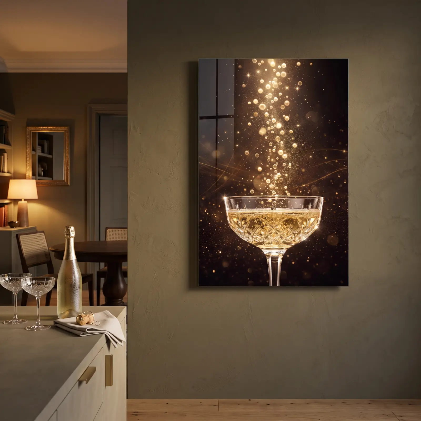 Champagne Coupe Gold Bubbles Celebration | Glass Wall Art
