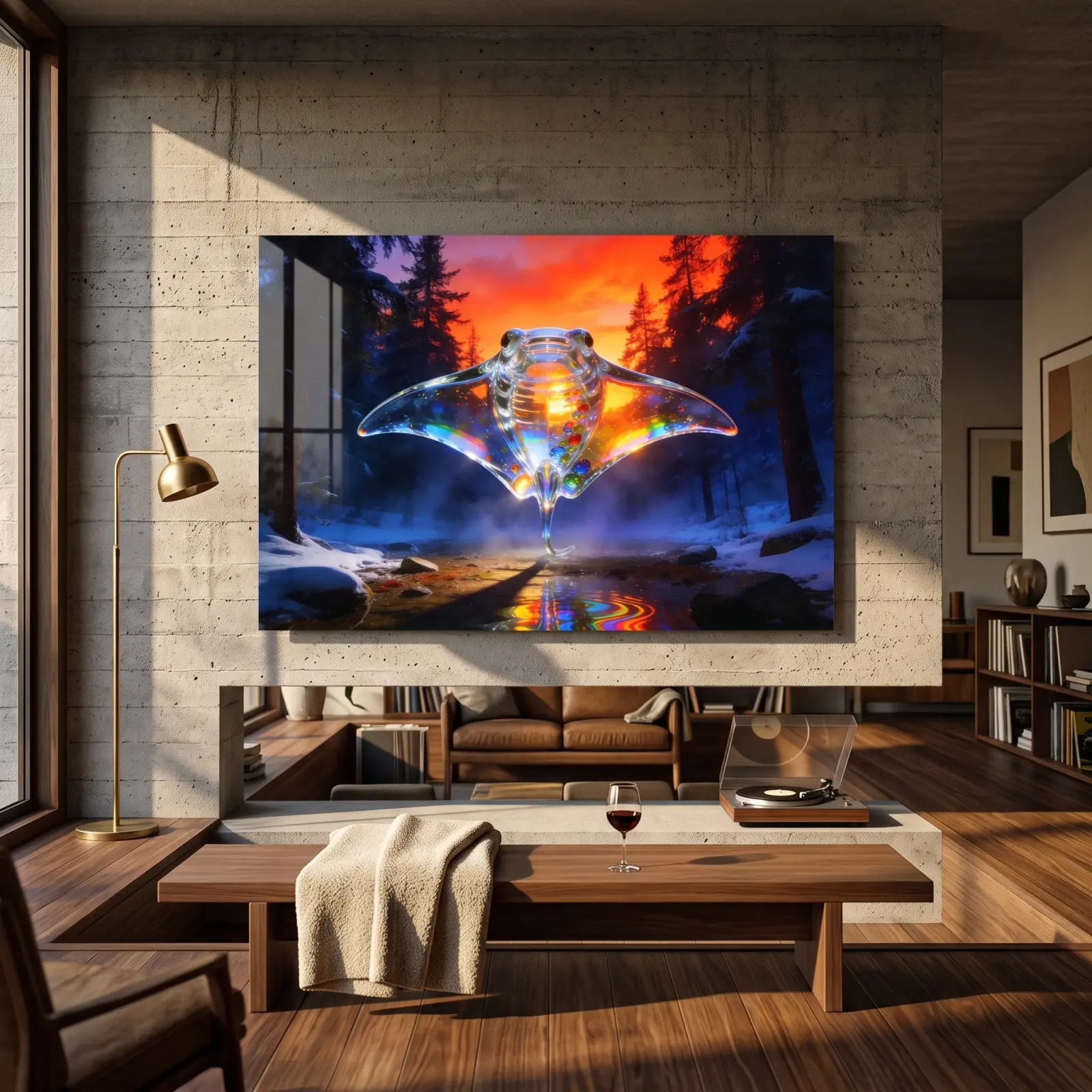 Crystal Manta Ray Winter Forest Surreal Glass Wall Art