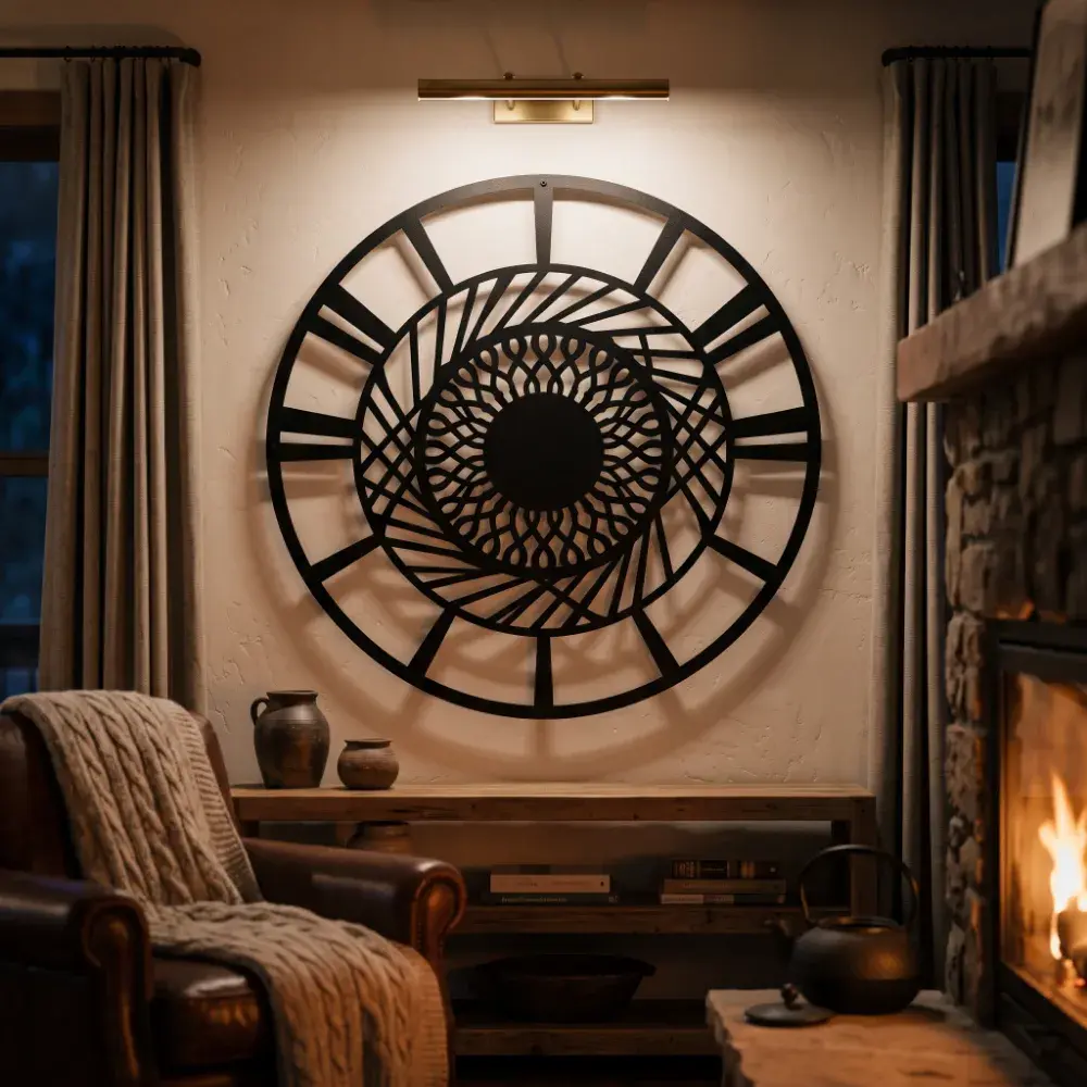 Mandala Metal Wall Art Round Geometric Decor – Solaris Coil, Living Room Statement Piece