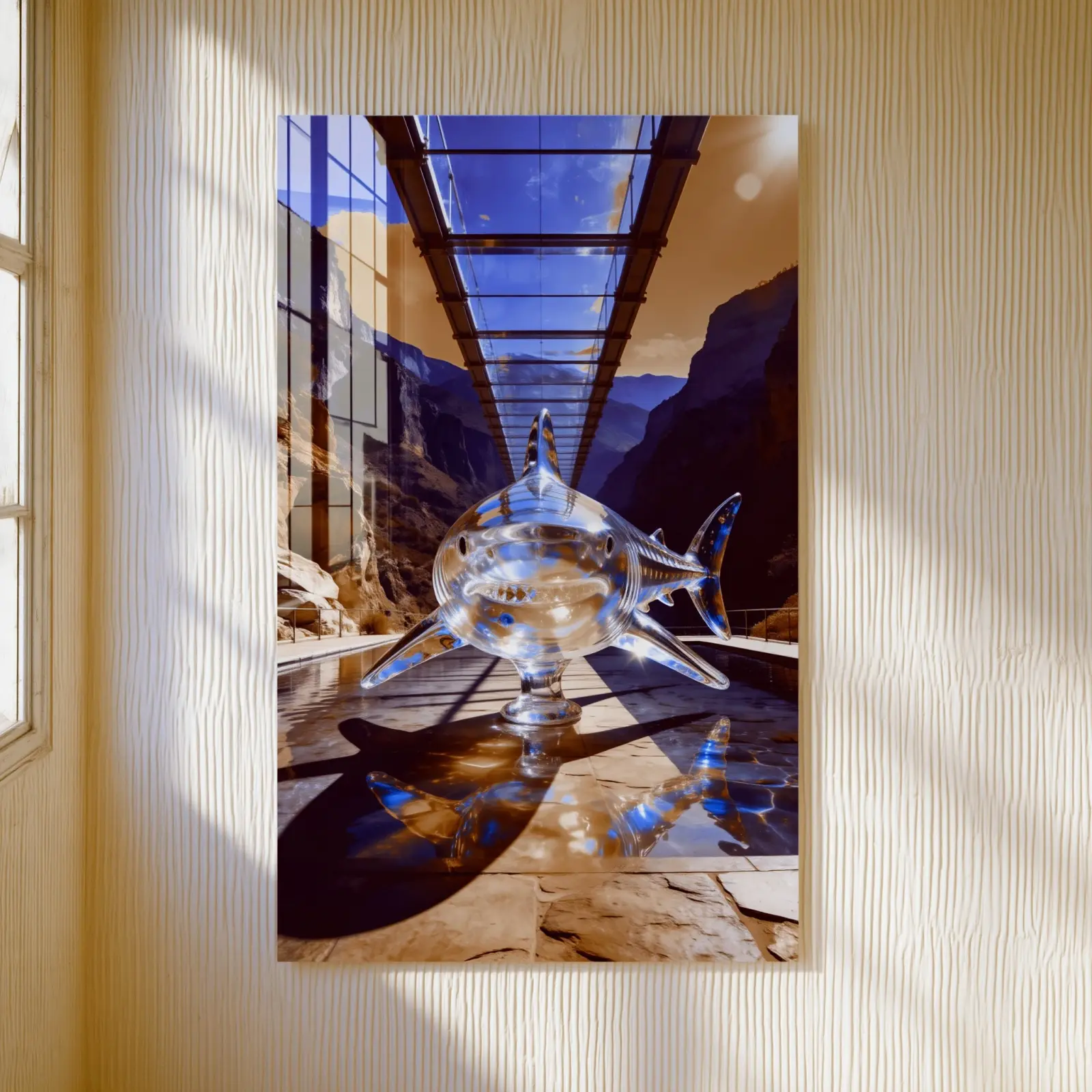 Crystal Shark Surreal Canyon Bridge Scene | Glass Wall Art