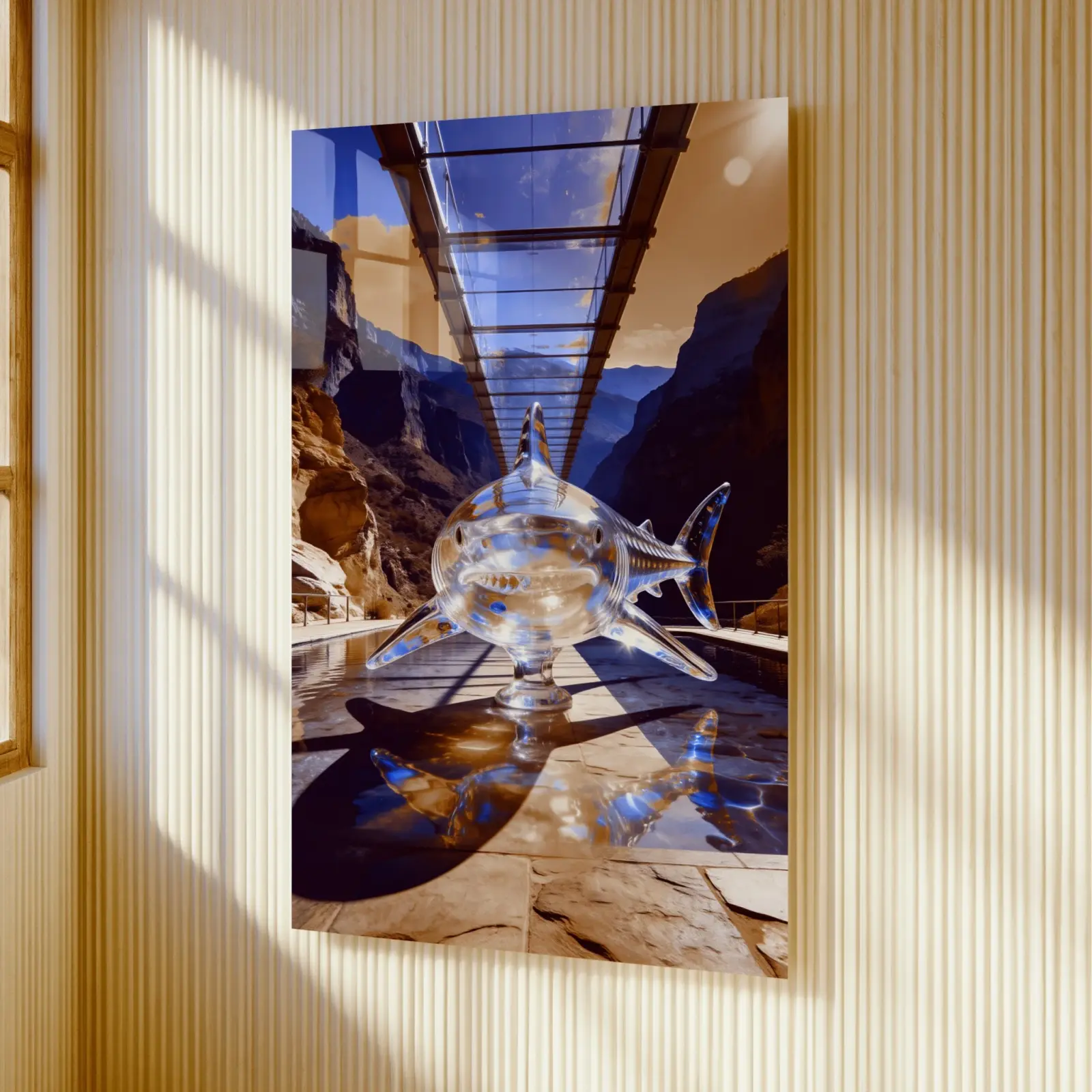 Crystal Shark Surreal Canyon Bridge Scene | Glass Wall Art — 2