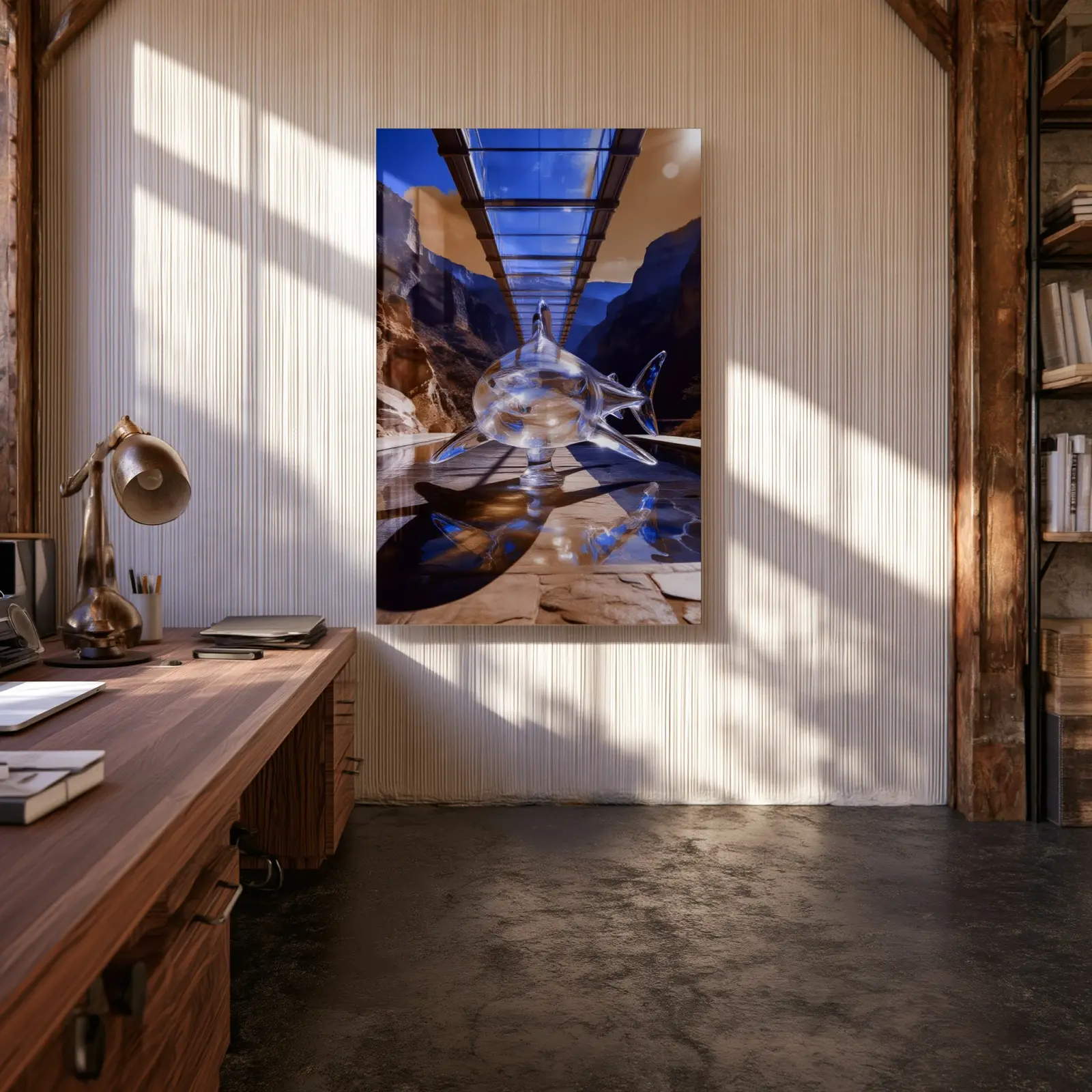 Crystal Shark Surreal Canyon Bridge Scene | Glass Wall Art — 3