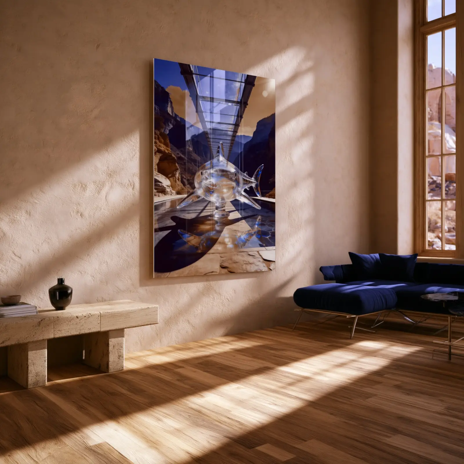Crystal Shark Surreal Canyon Bridge Scene | Glass Wall Art — 4