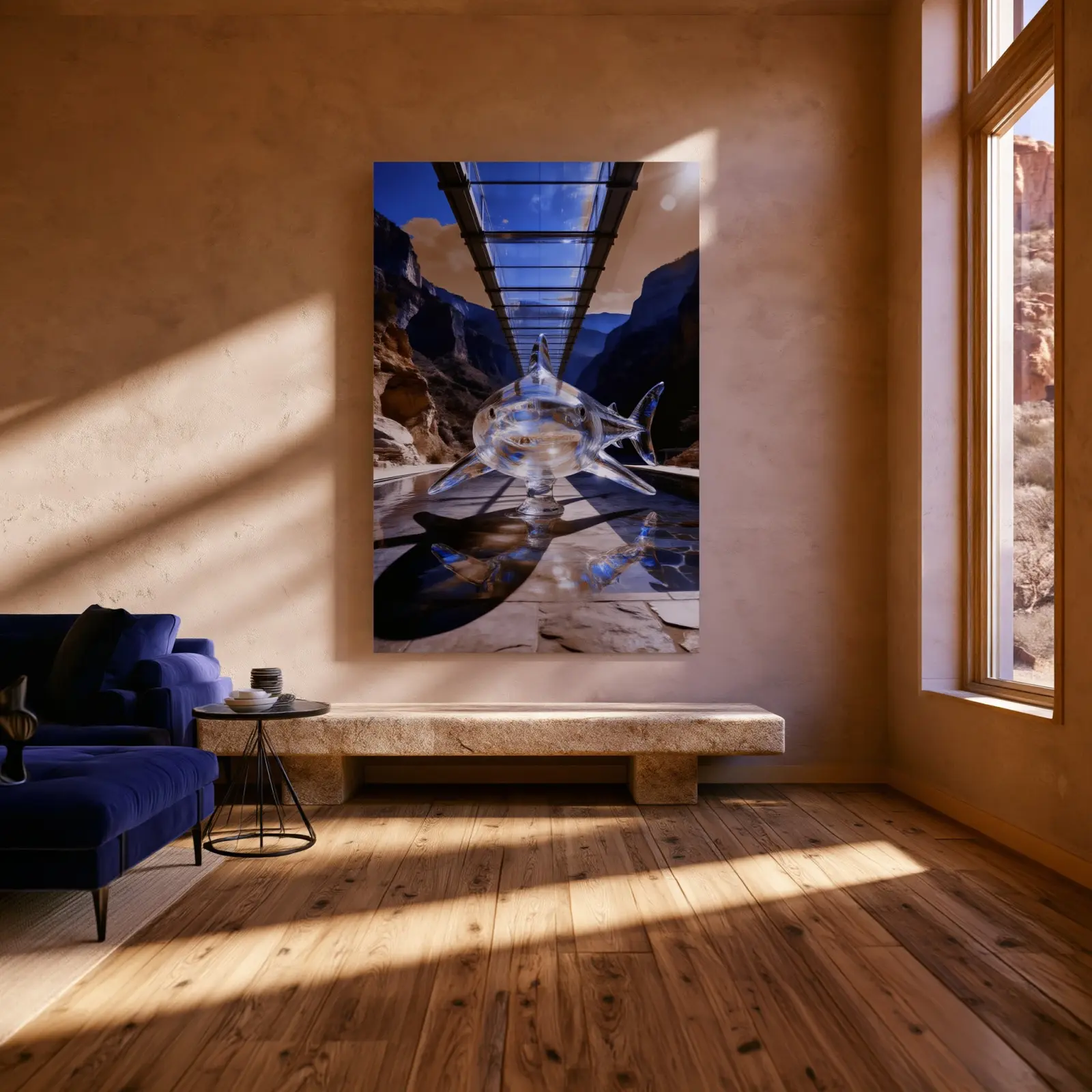 Crystal Shark Surreal Canyon Bridge Scene | Glass Wall Art — 5
