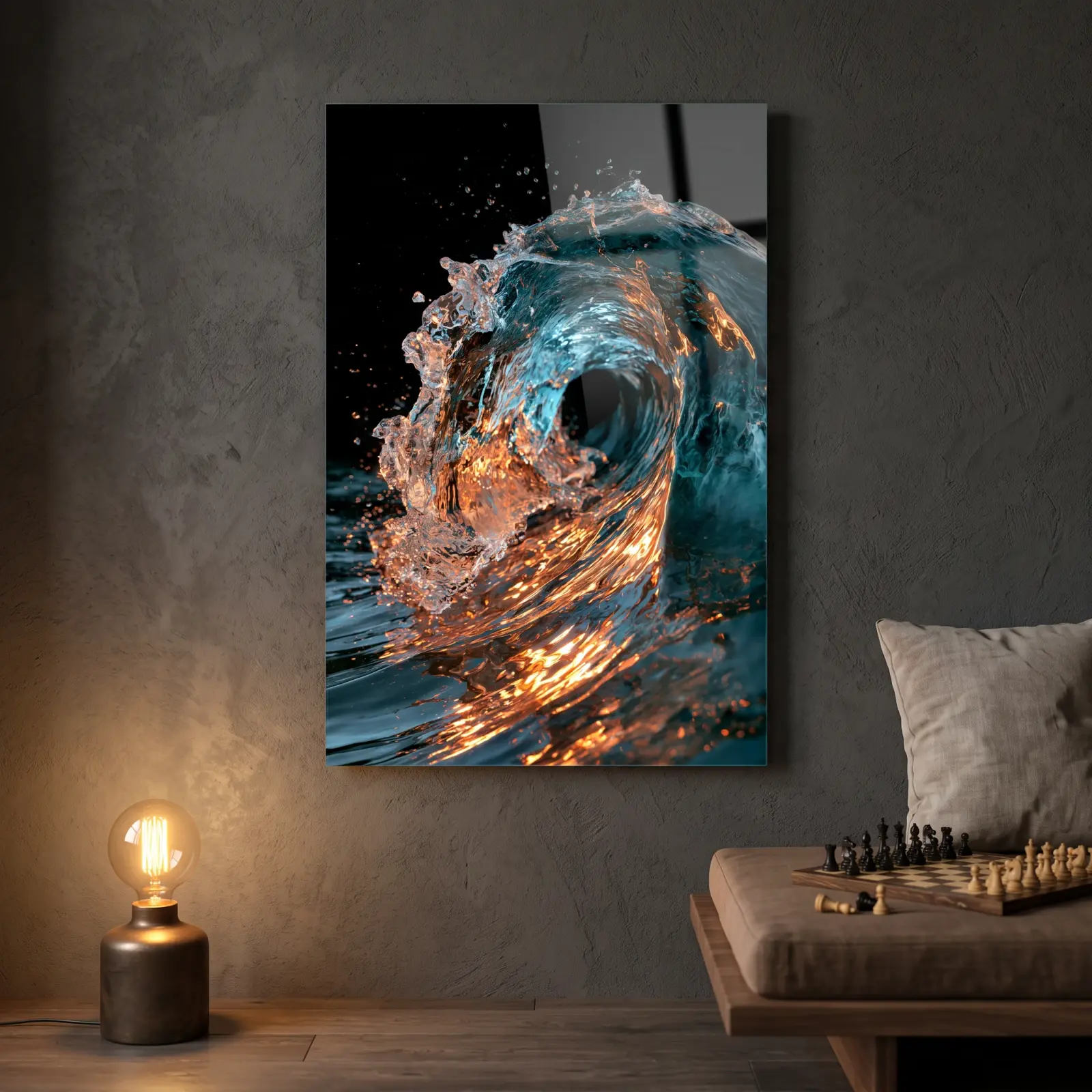 Ocean Wave Glass Wall Art Teal and Copper Water | Tempered Glass Print