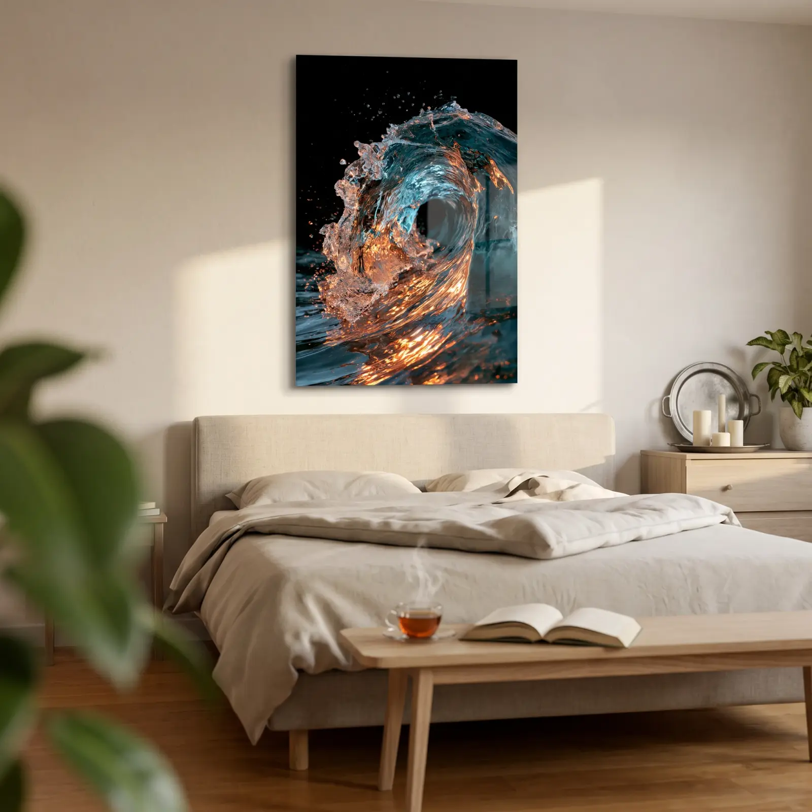 Ocean Wave Glass Wall Art Teal and Copper Water | Tempered Glass Print — 2