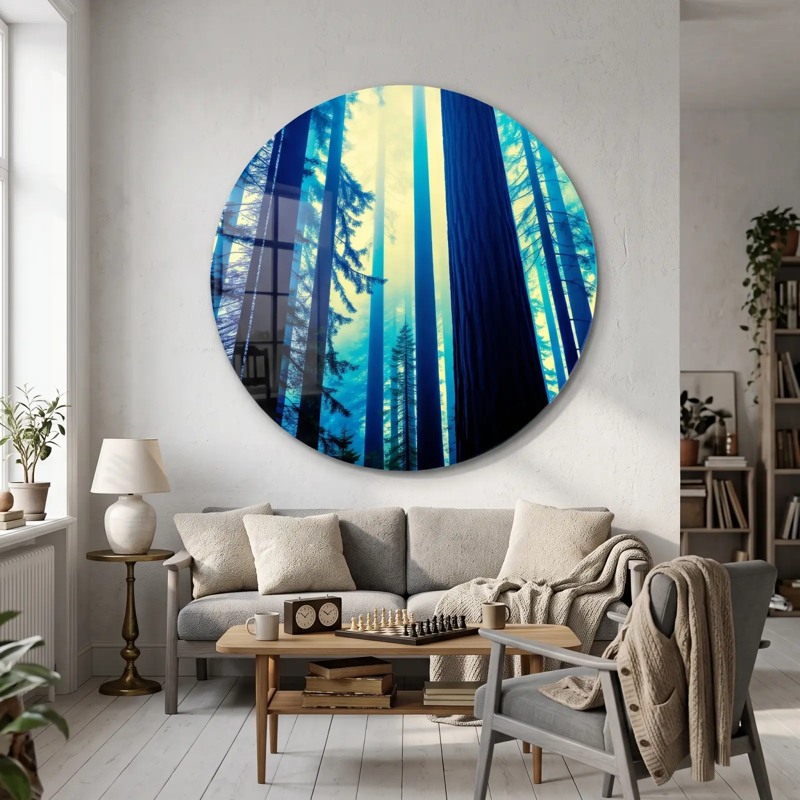 Forest Wall Art Round Teal Pine Tree Canopy | Glass Wall Art