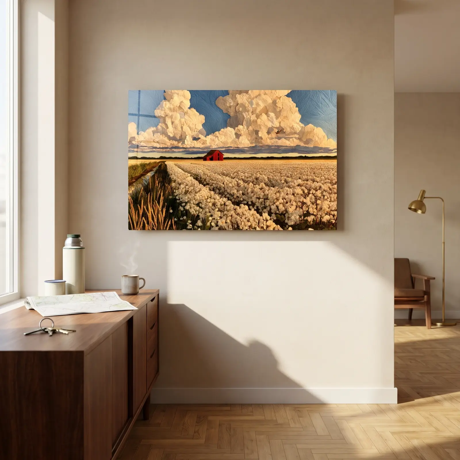 Red Barn Cotton Field Landscape with Towering Clouds | Glass Wall Art