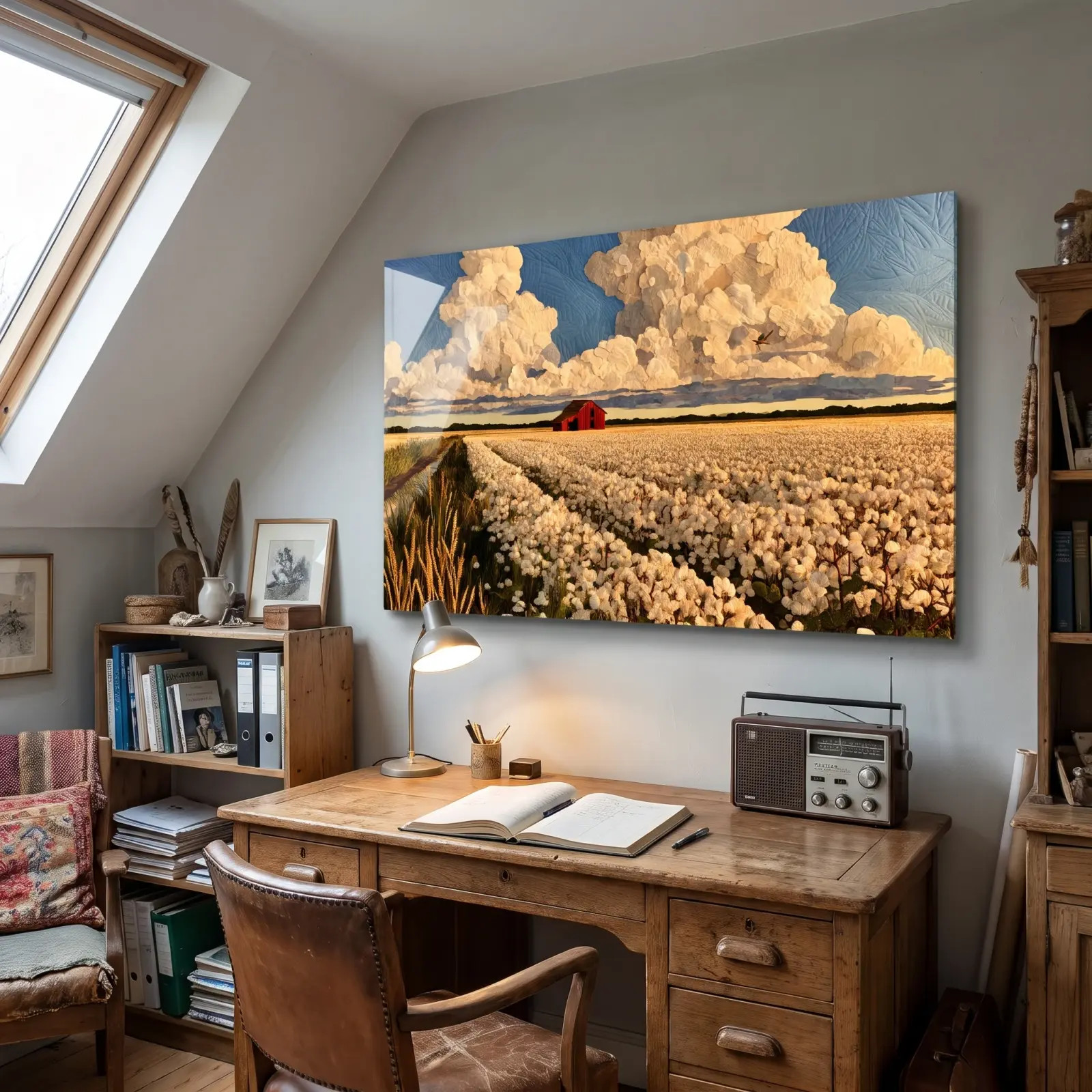 Red Barn Cotton Field Landscape with Towering Clouds | Glass Wall Art — 4