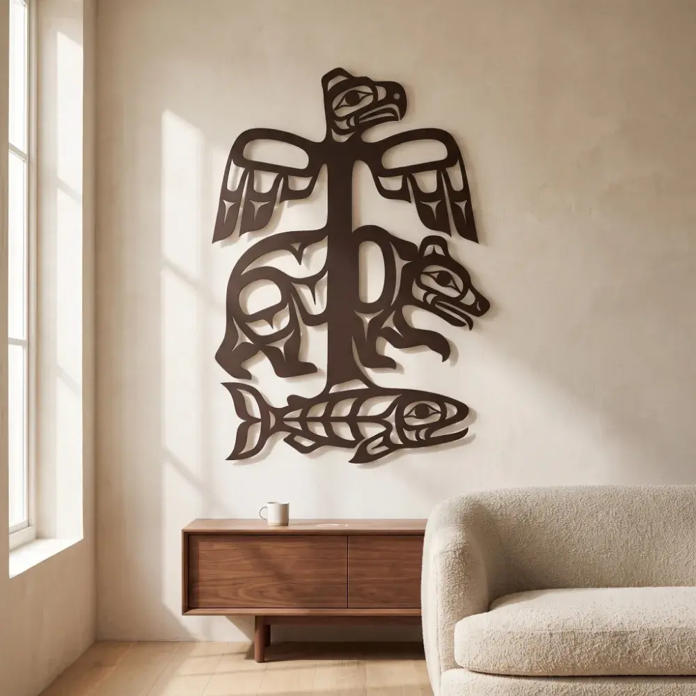 Pacific Northwest Metal Wall Art – Cedar Lineage, Totem Eagle Bear Salmon Living Room Decor