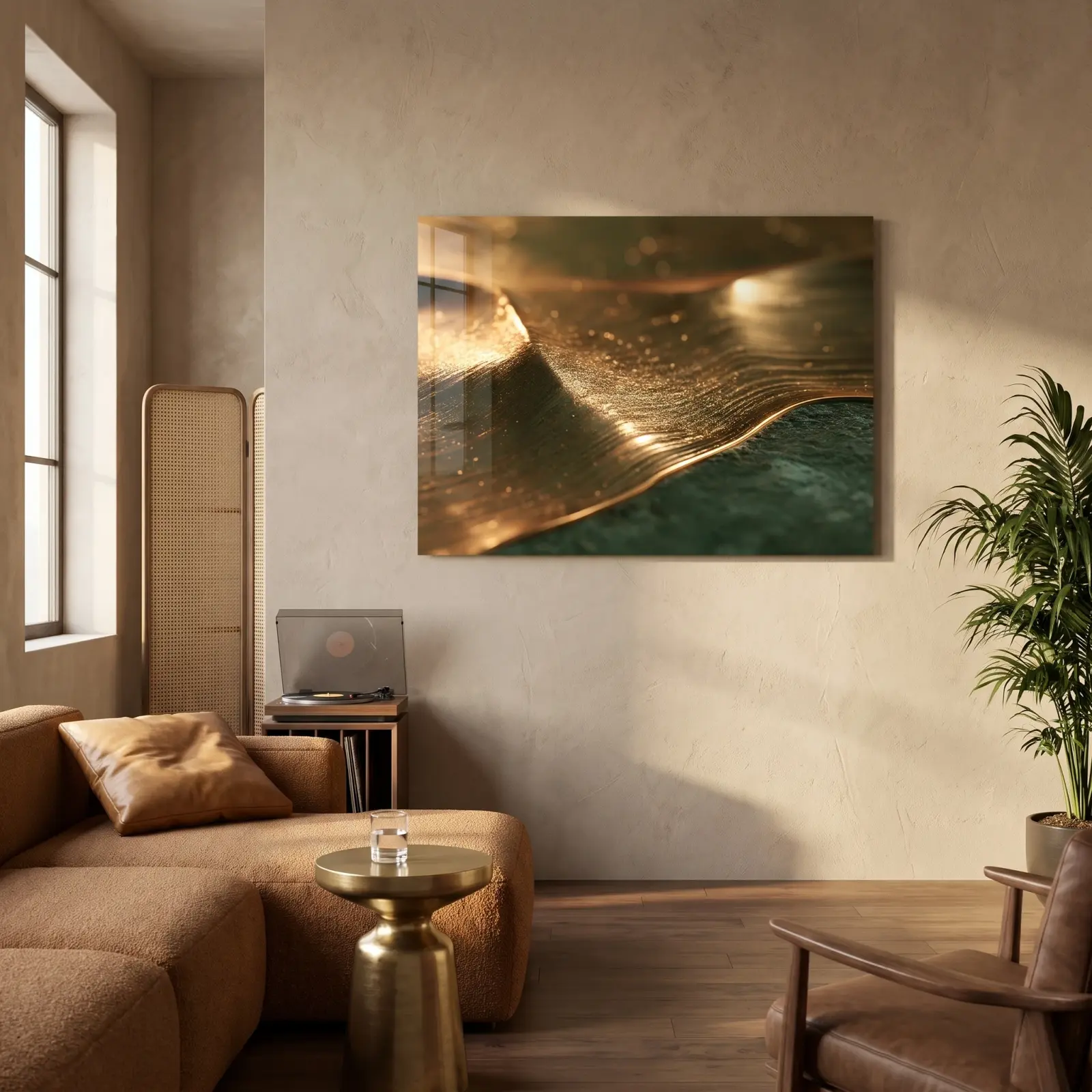 Gold Wave Abstract Glass Wall Art Green Macro Tempered Glass Print