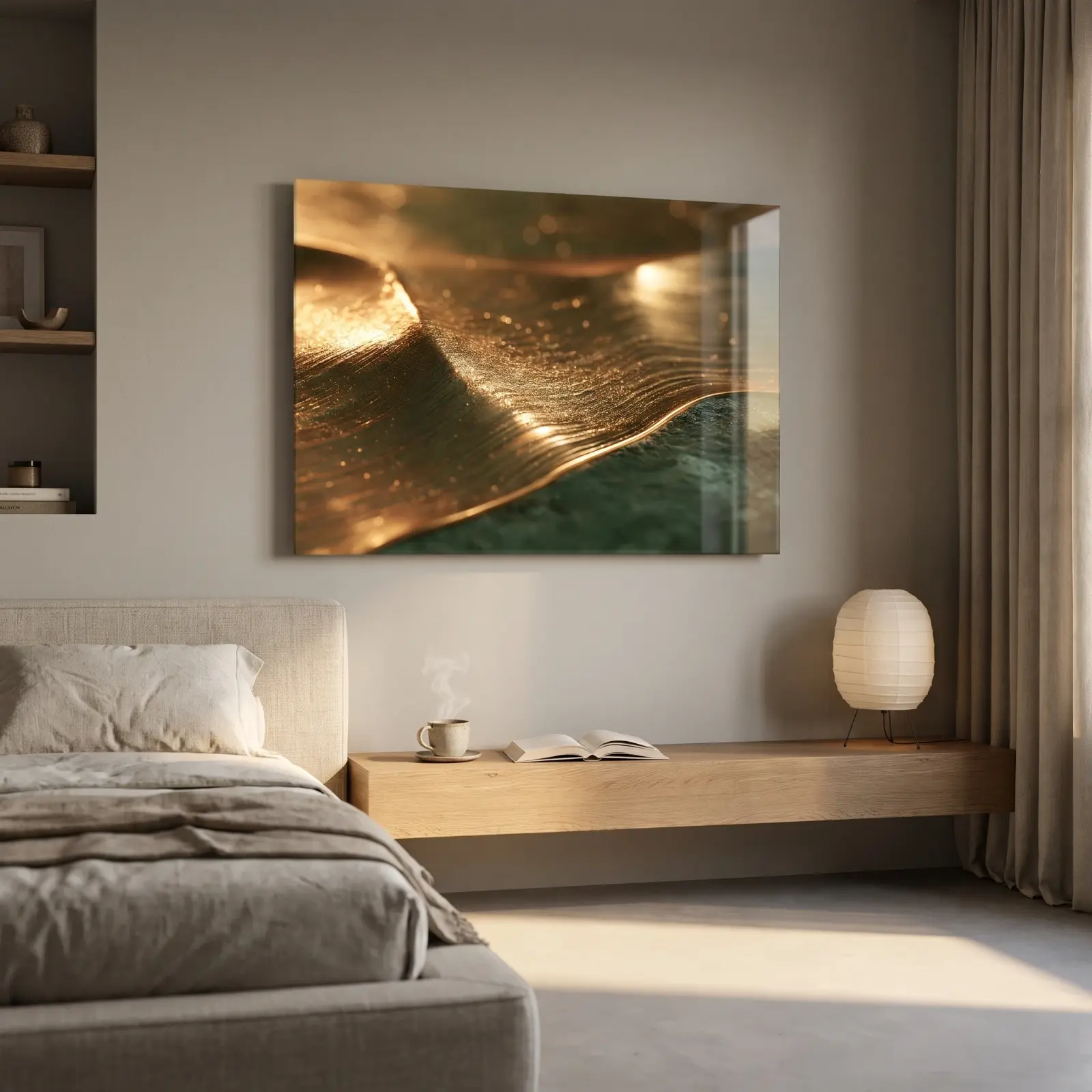 Gold Wave Abstract Glass Wall Art Green Macro Tempered Glass Print — 3