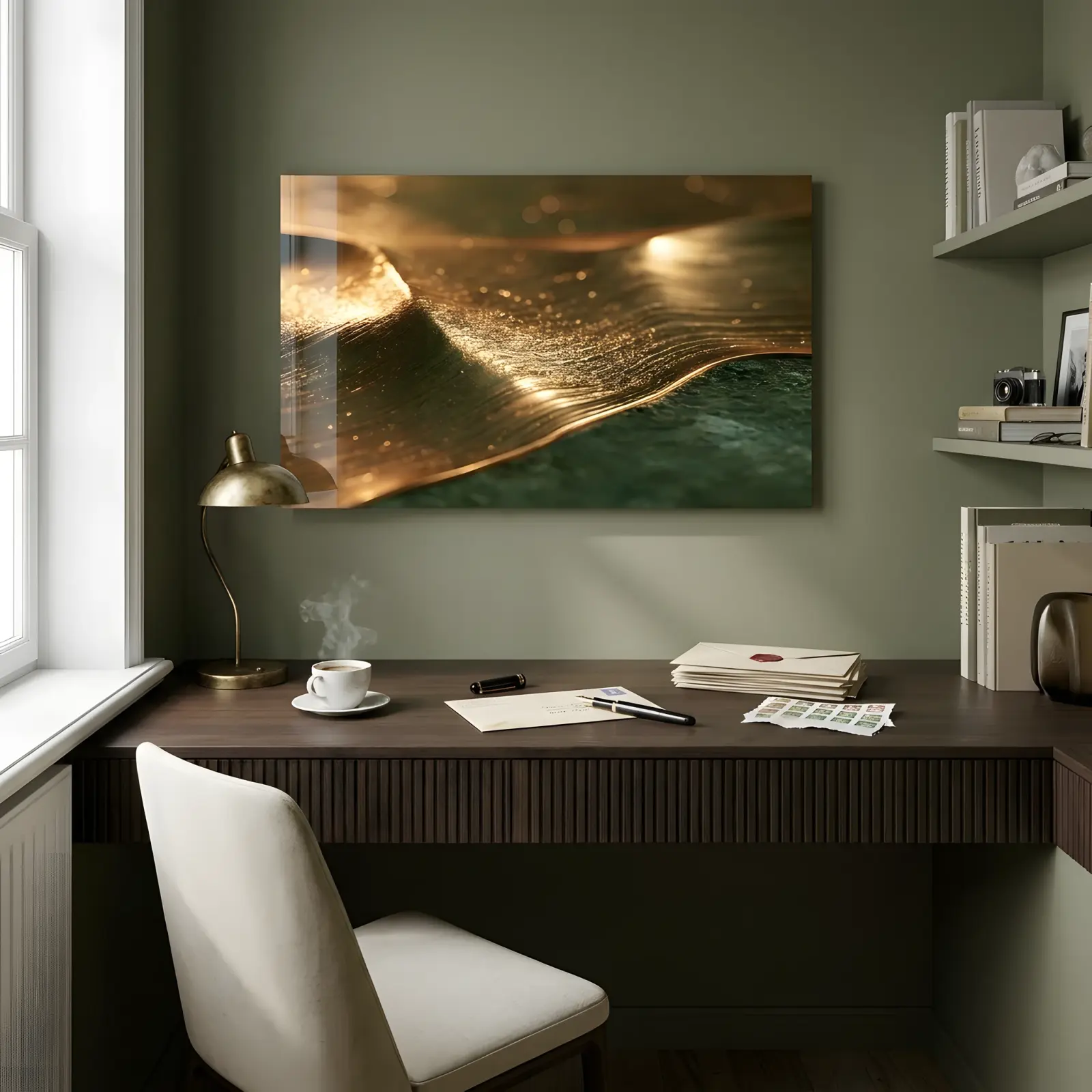 Gold Wave Abstract Glass Wall Art Green Macro Tempered Glass Print — 4