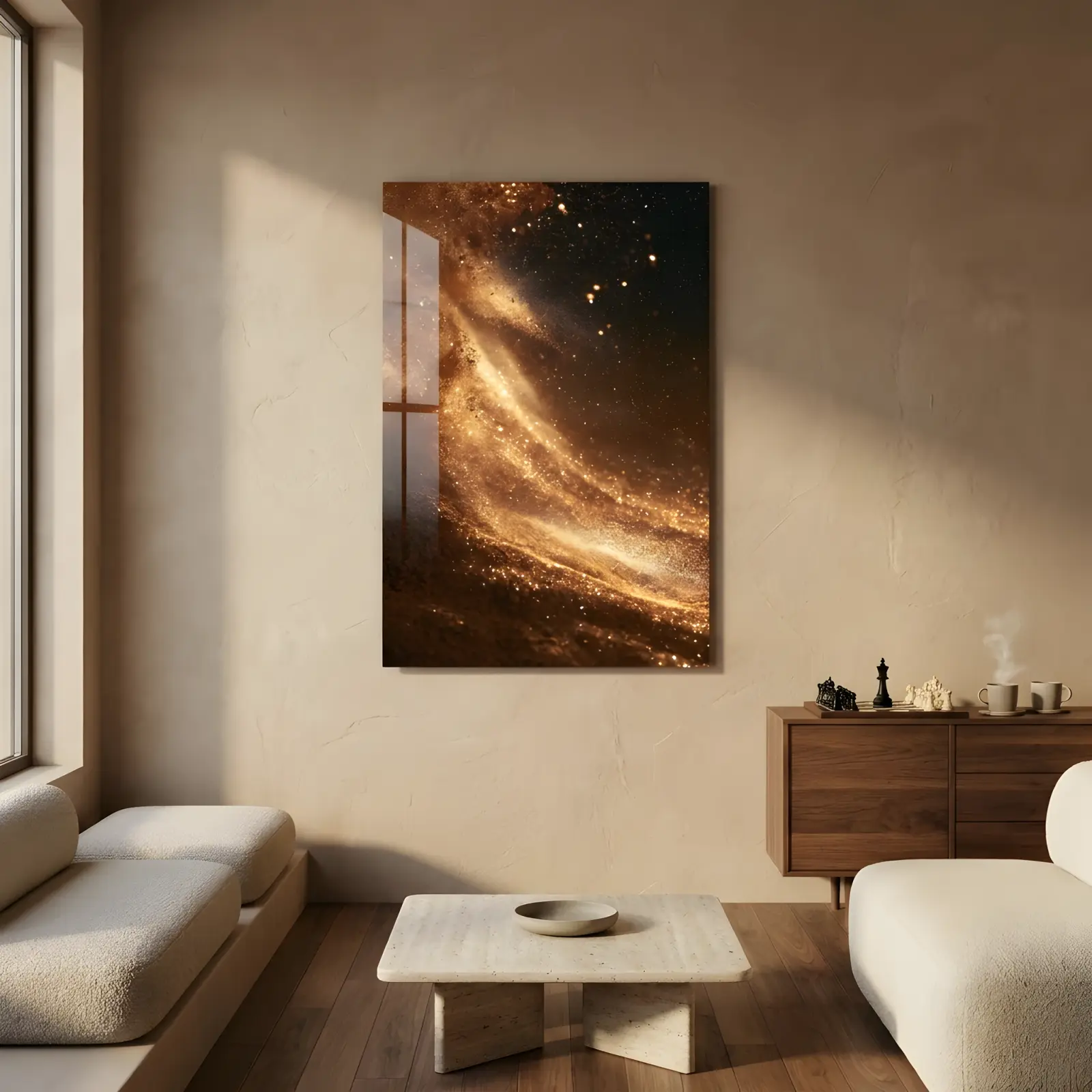 Gold Dust Abstract Glass Wall Art Dark Cosmic Tempered Glass Print