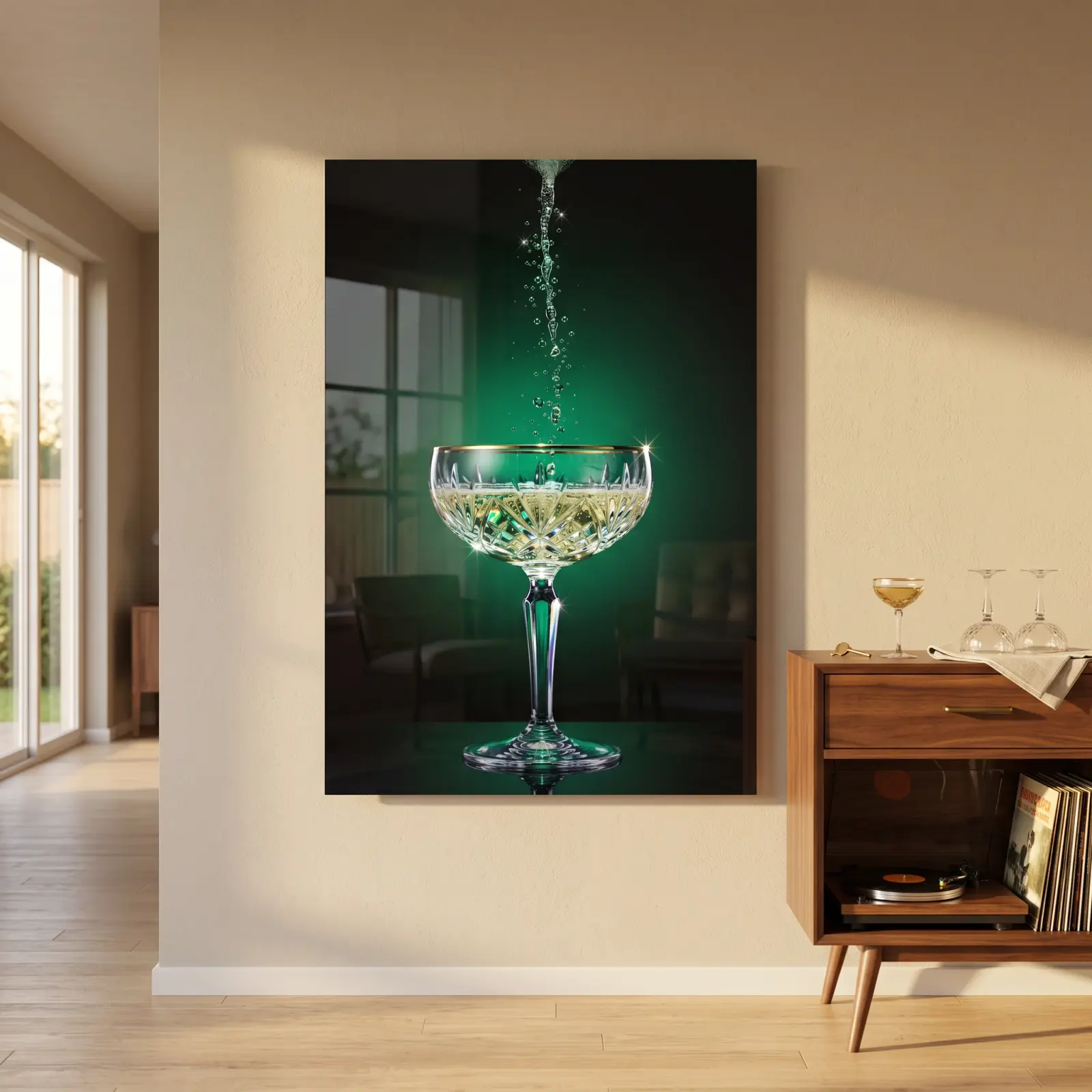 Champagne Coupe Emerald Green Bar Cart | Glass Wall Art