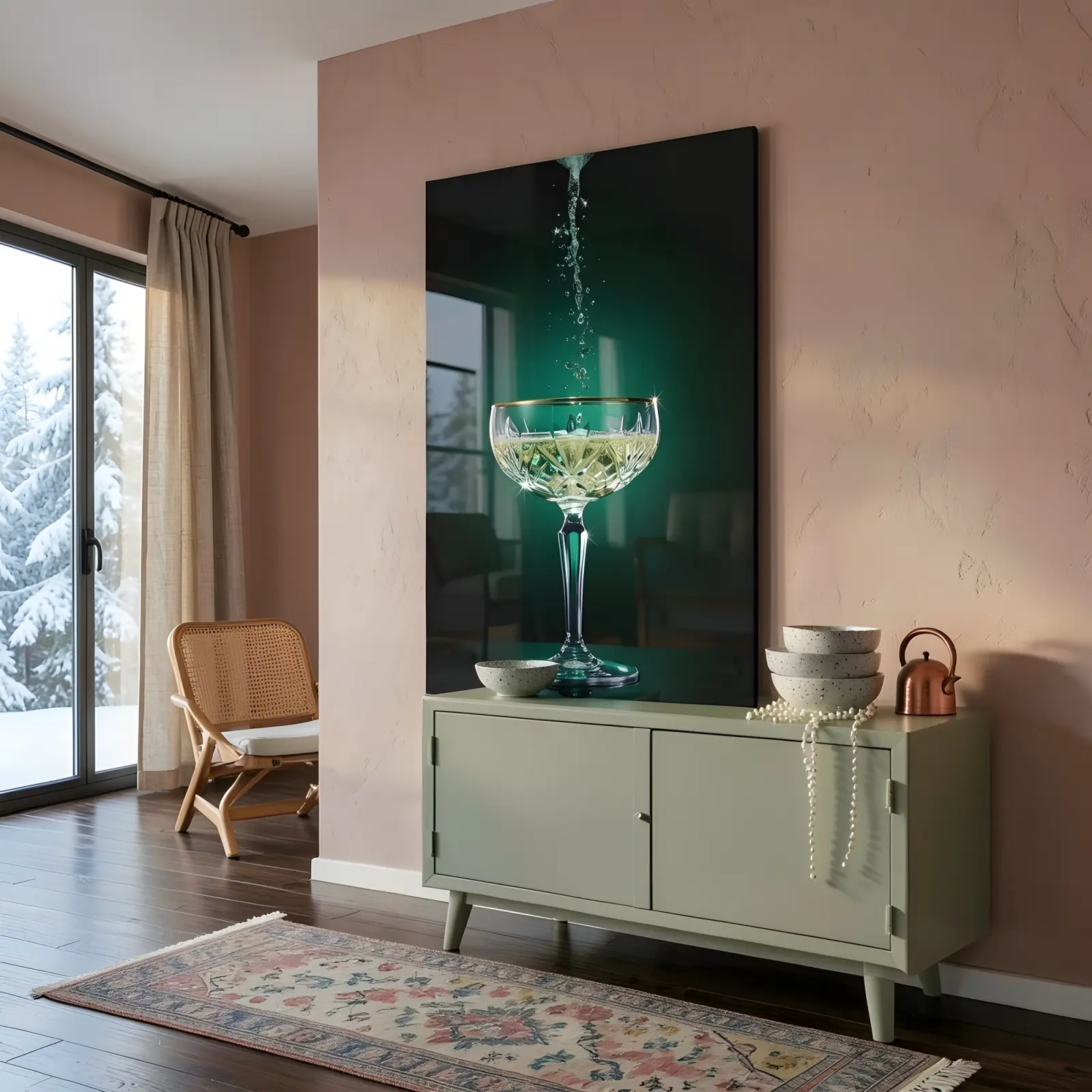 Champagne Coupe Emerald Green Bar Cart | Glass Wall Art — 5