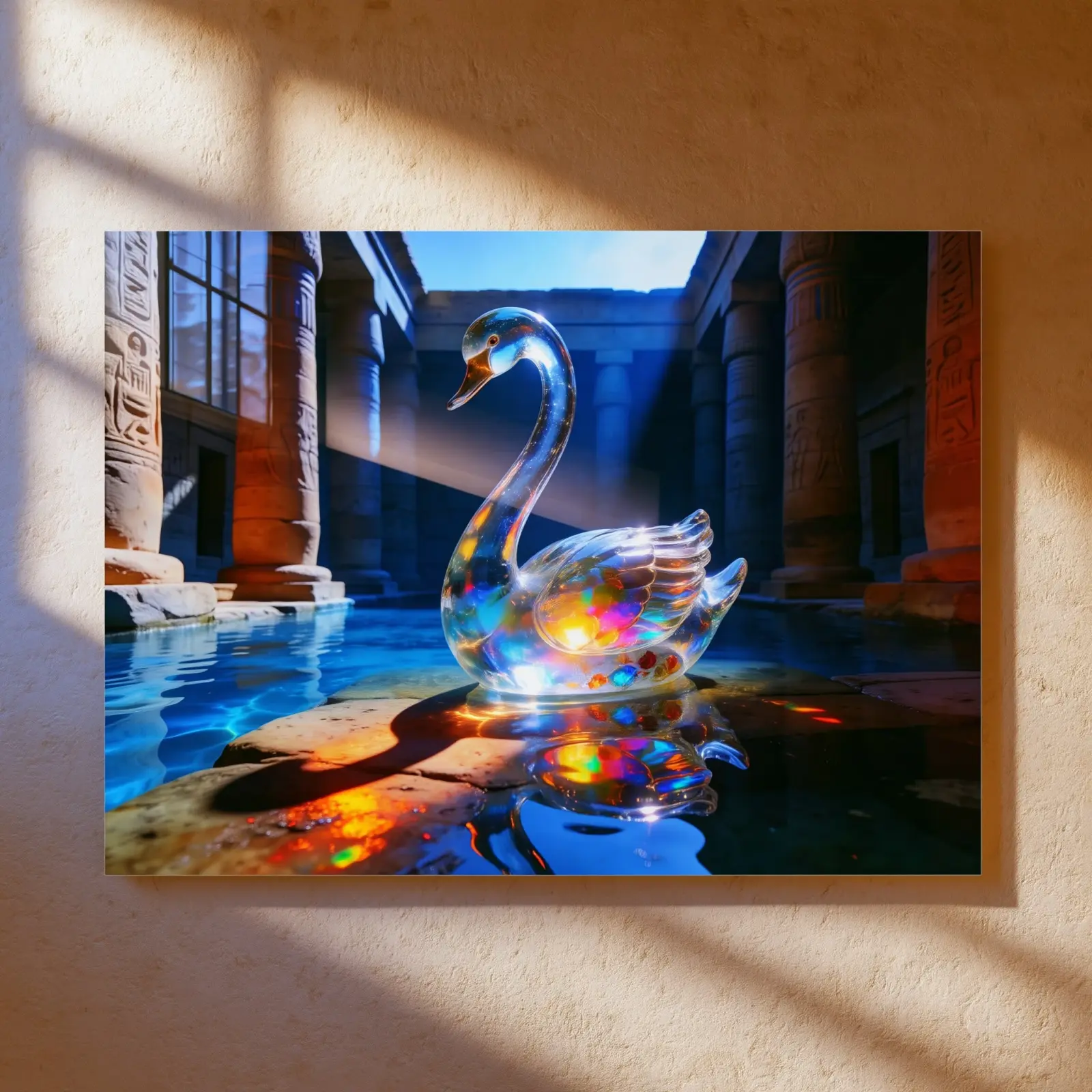 Crystal Swan Glass Wall Art Egyptian Temple Pool Decor | Tempered Glass Print