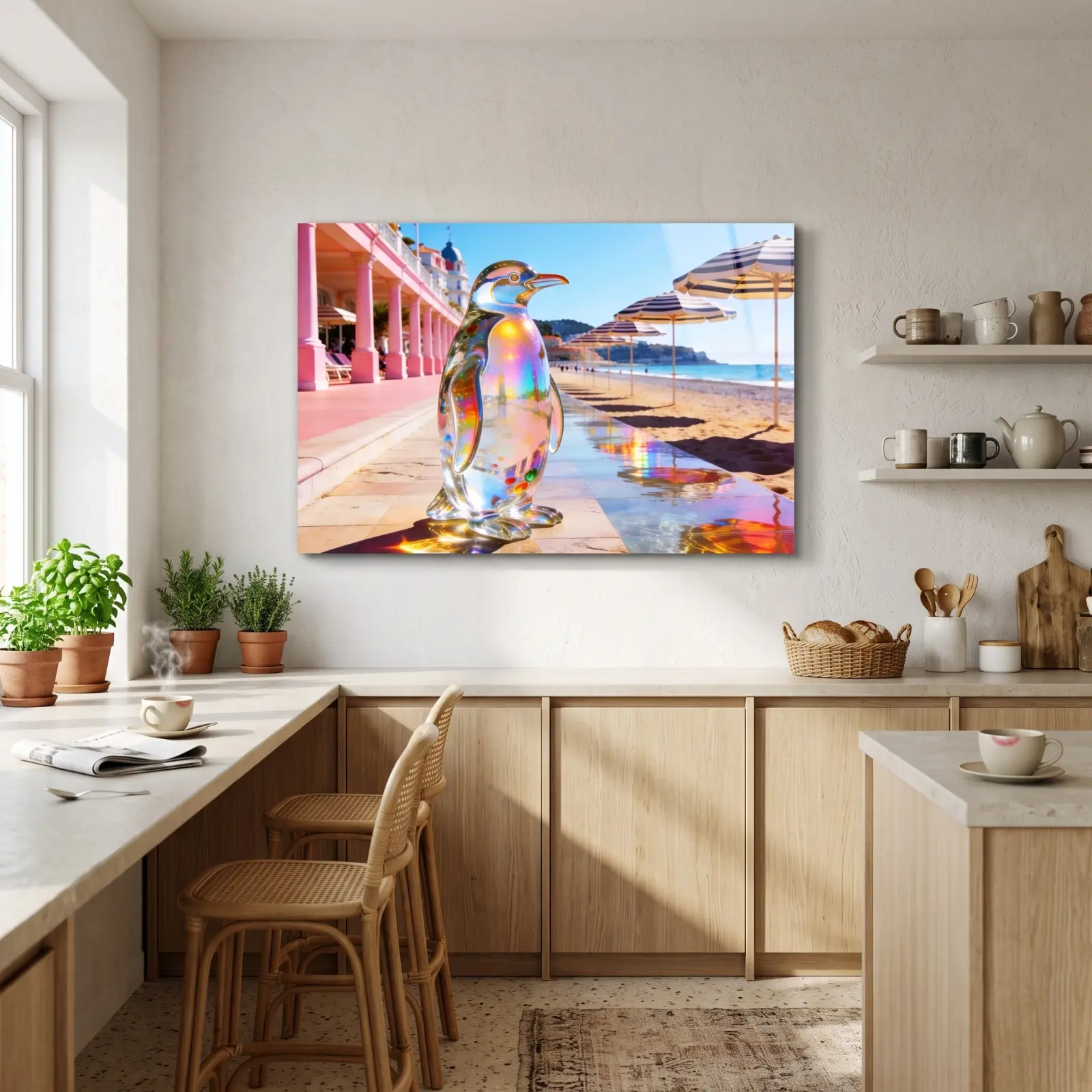 Penguin Glass Wall Art Coastal Rainbow Light | Glass Wall Decor