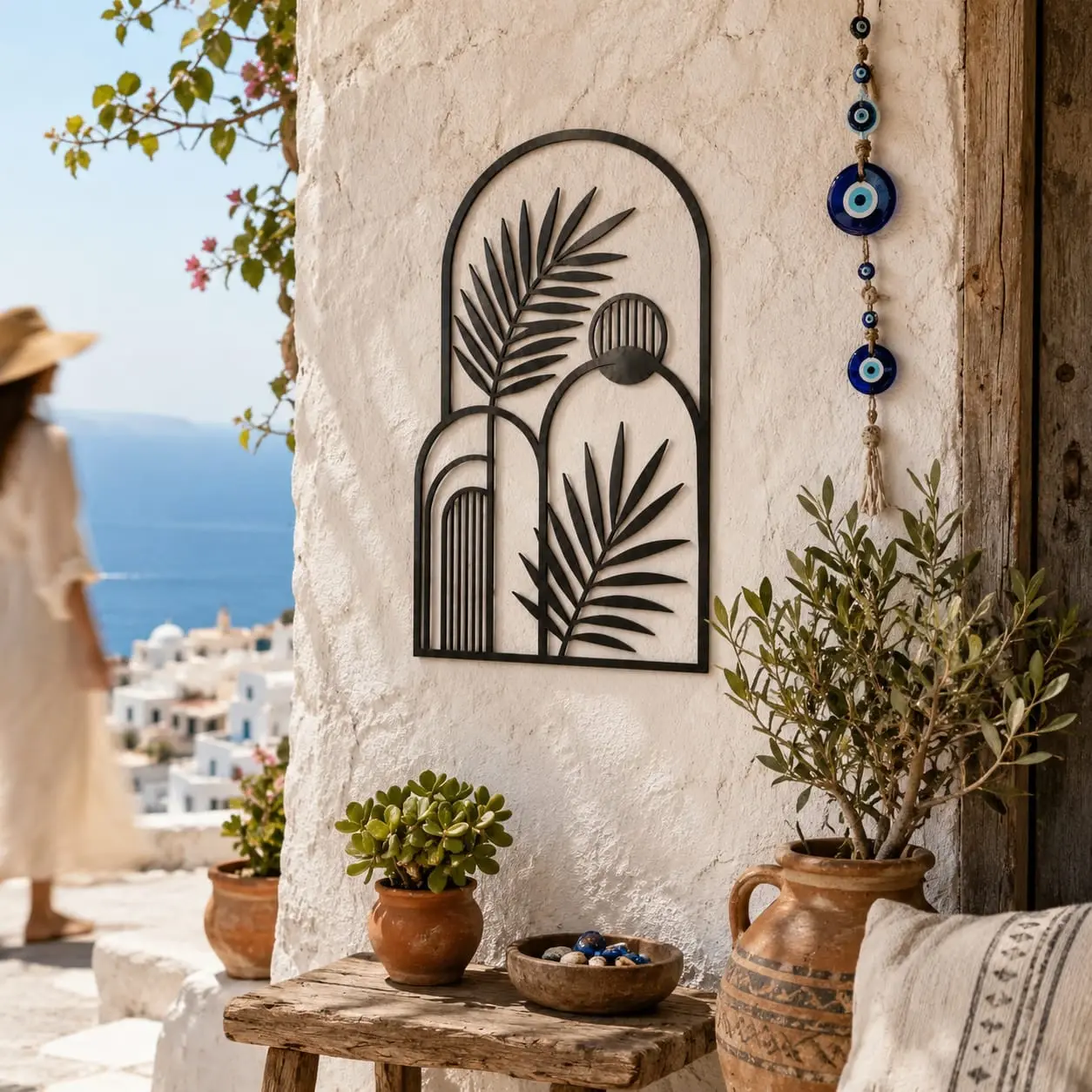 Boho Palm Arch Metal Wall Art – Arched Oasis, Modern Entryway Decor