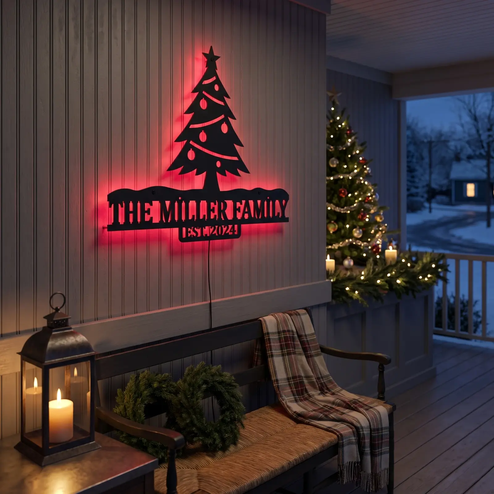 Personalized Christmas Tree Metal LED Wall Art Backlit – Hearth Glow, Family Name Sign Decor — 3