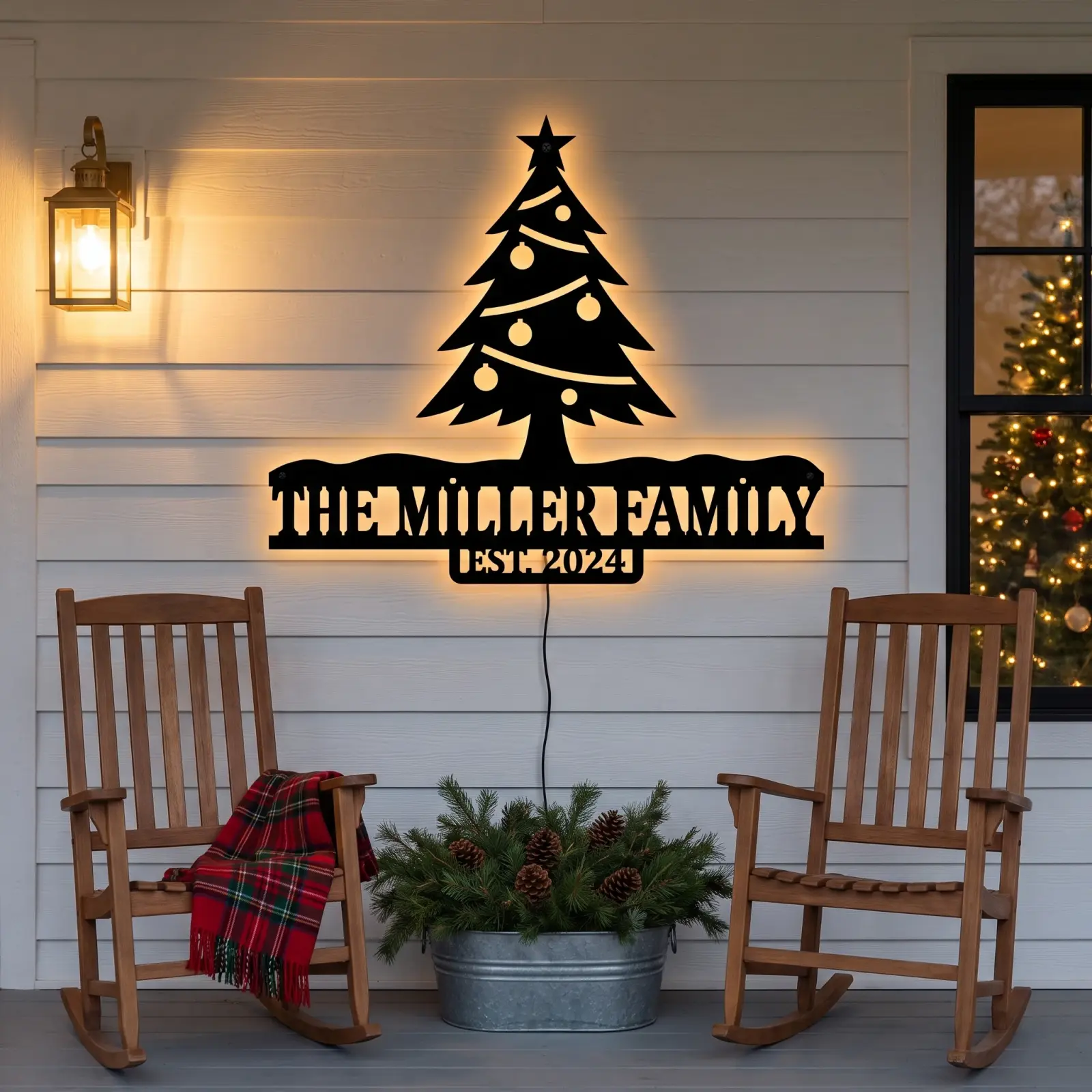 Personalized Christmas Tree Metal LED Wall Art Backlit – Hearth Glow, Family Name Sign Decor — 4