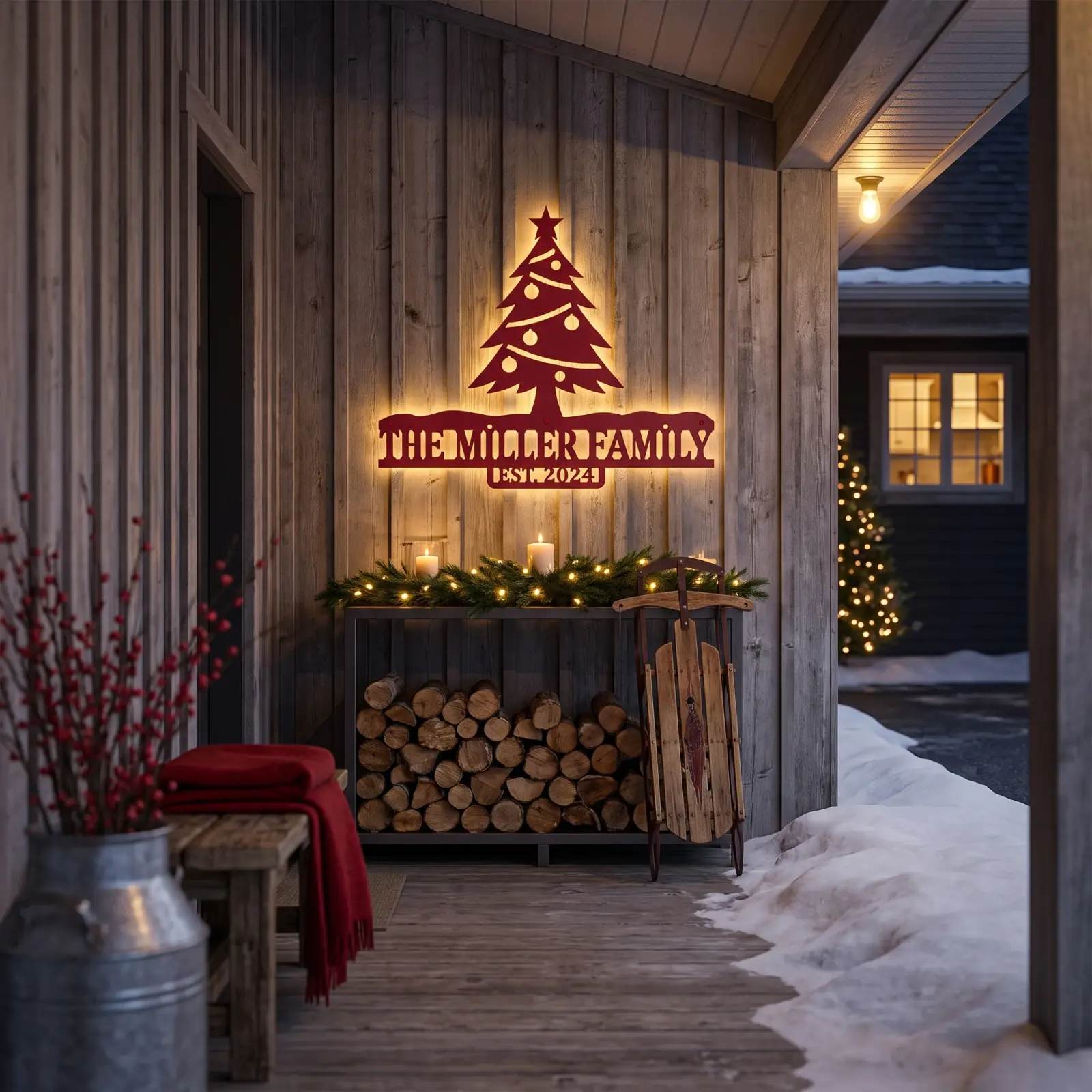 Personalized Christmas Tree Metal LED Wall Art Backlit – Hearth Glow, Family Name Sign Decor — 6