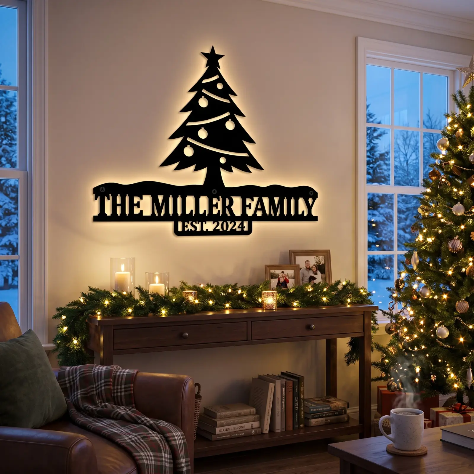 Personalized Christmas Tree Metal LED Wall Art Backlit – Hearth Glow, Family Name Sign Decor — 7
