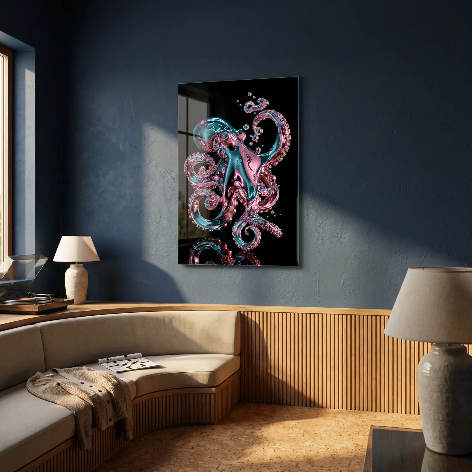 Octopus Glass Wall Art Teal Pink Chrome | Tempered Glass Print