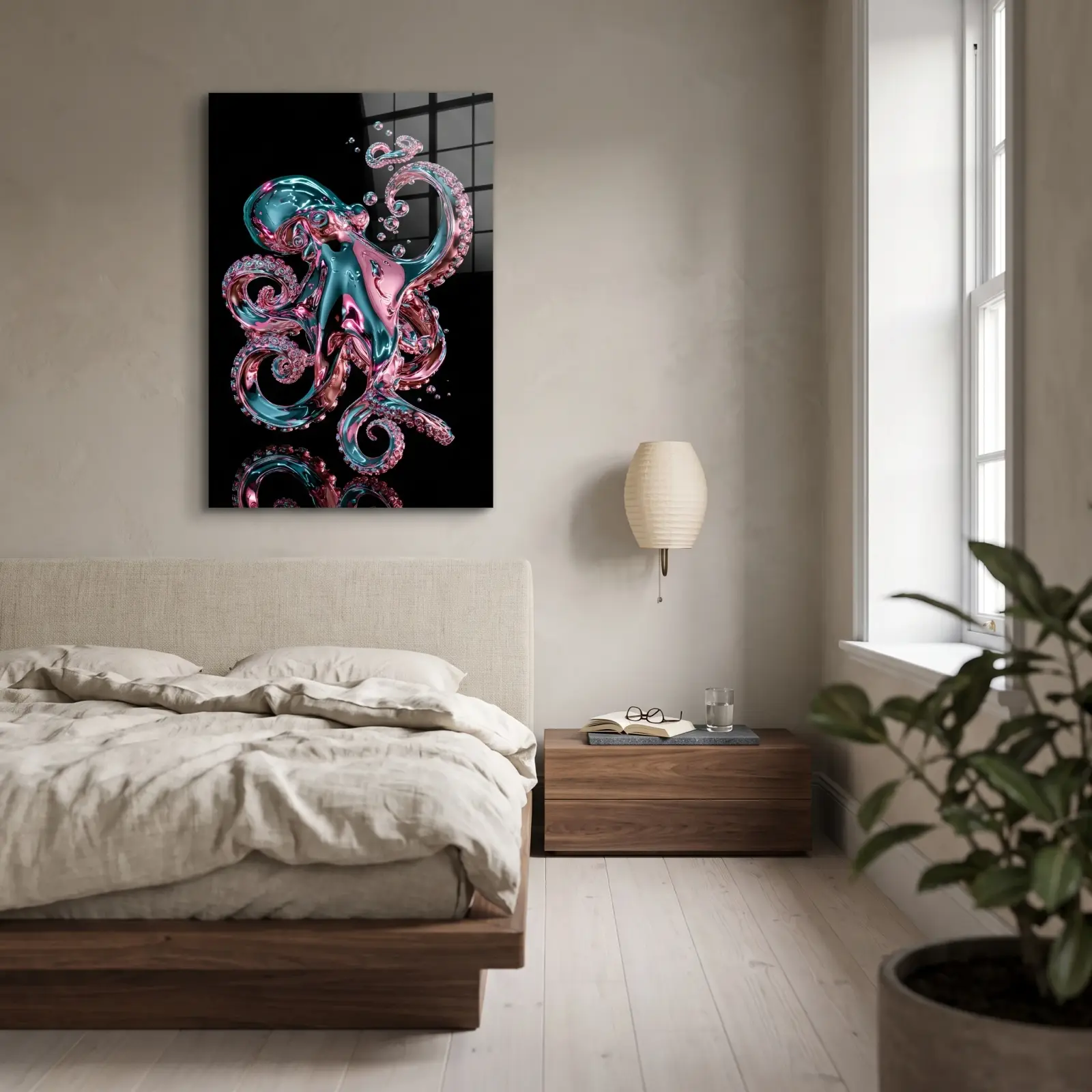 Octopus Glass Wall Art Teal Pink Chrome | Tempered Glass Print — 2