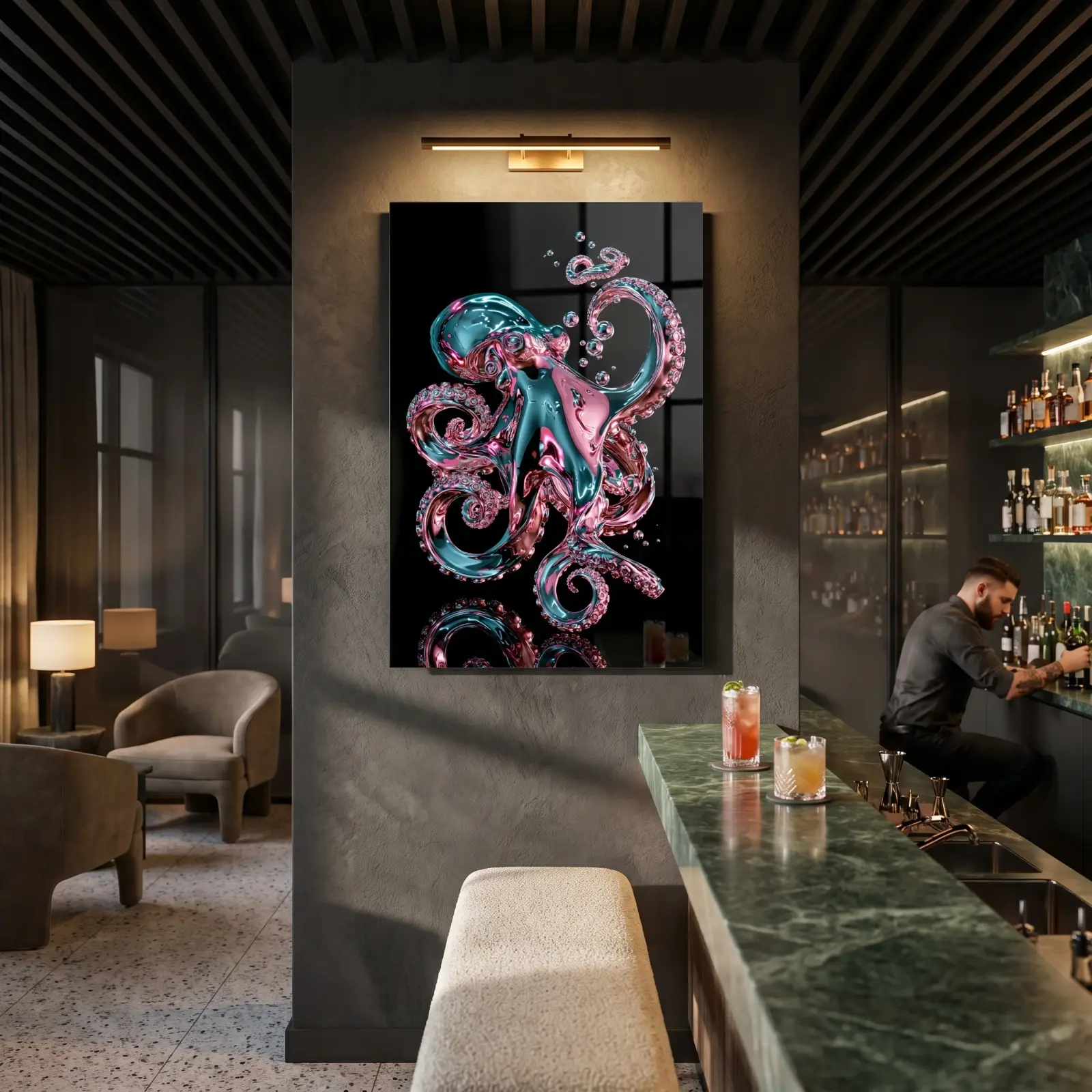 Octopus Glass Wall Art Teal Pink Chrome | Tempered Glass Print — 3