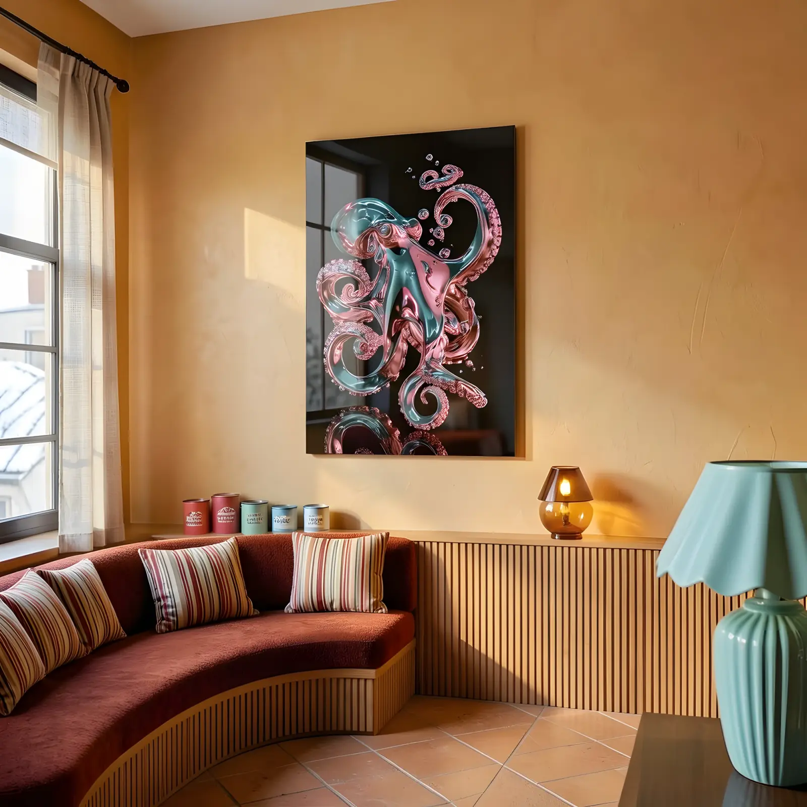 Octopus Glass Wall Art Teal Pink Chrome | Tempered Glass Print — 4