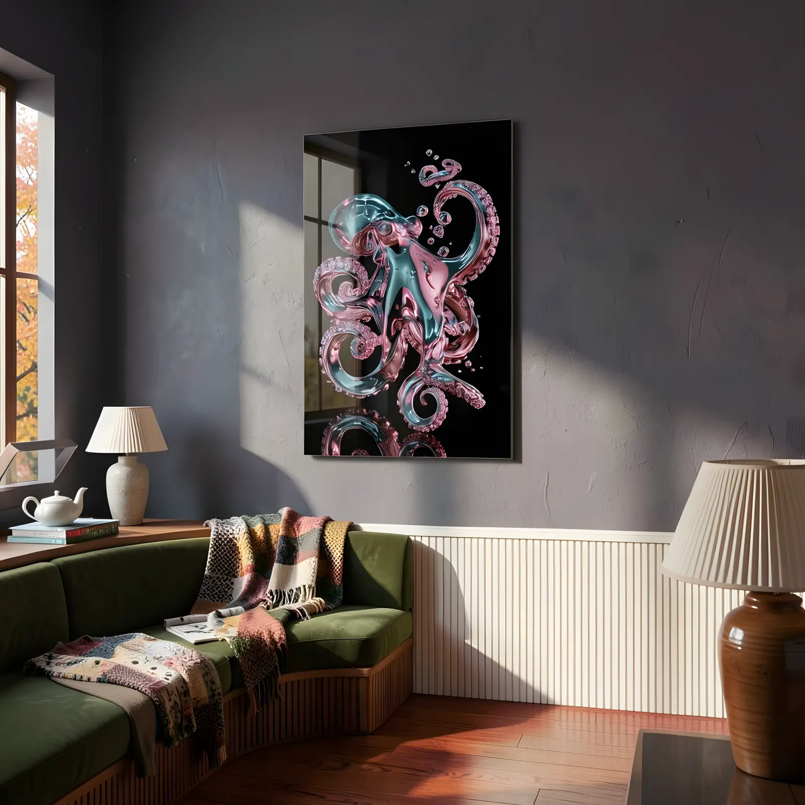 Octopus Glass Wall Art Teal Pink Chrome | Tempered Glass Print — 5