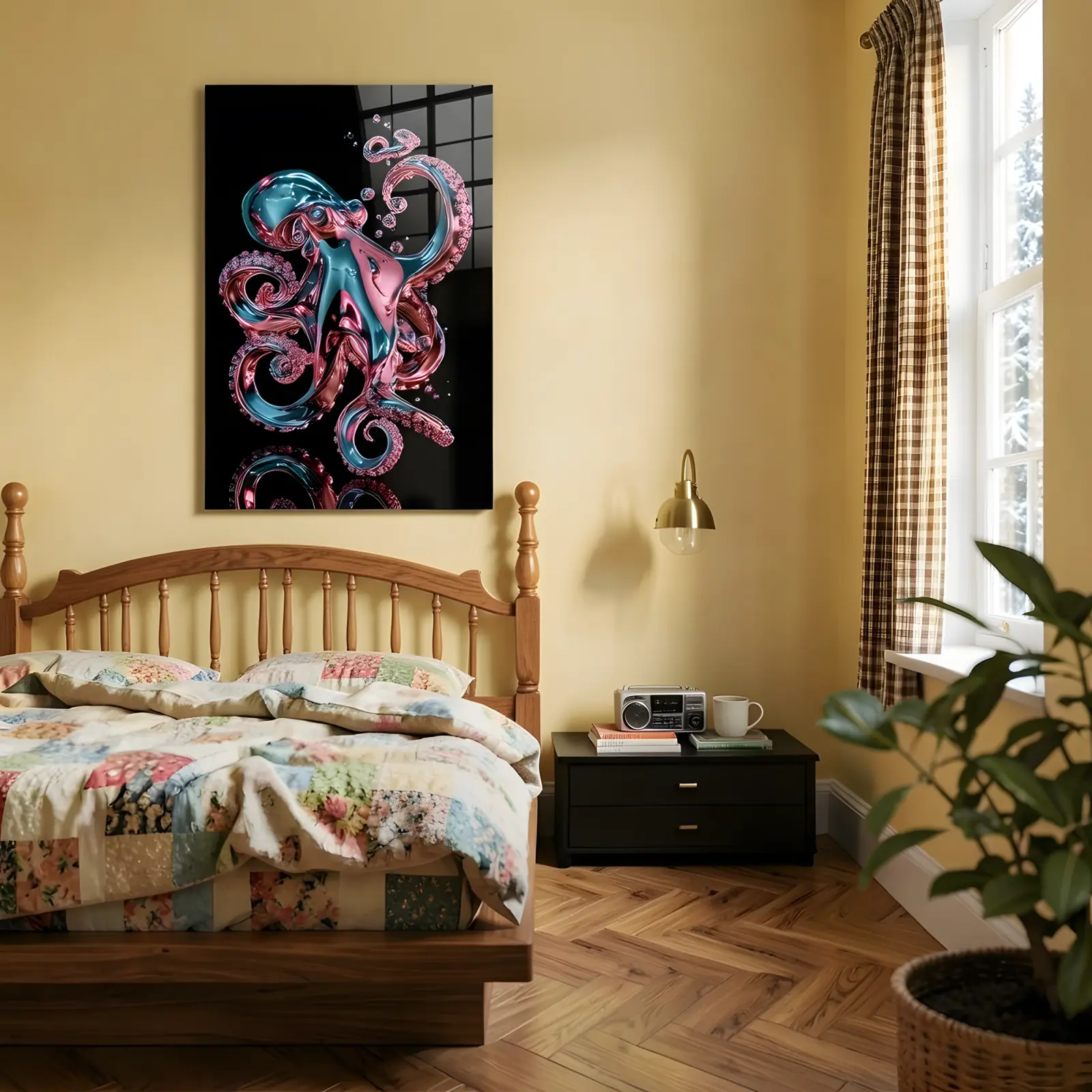 Octopus Glass Wall Art Teal Pink Chrome | Tempered Glass Print — 6