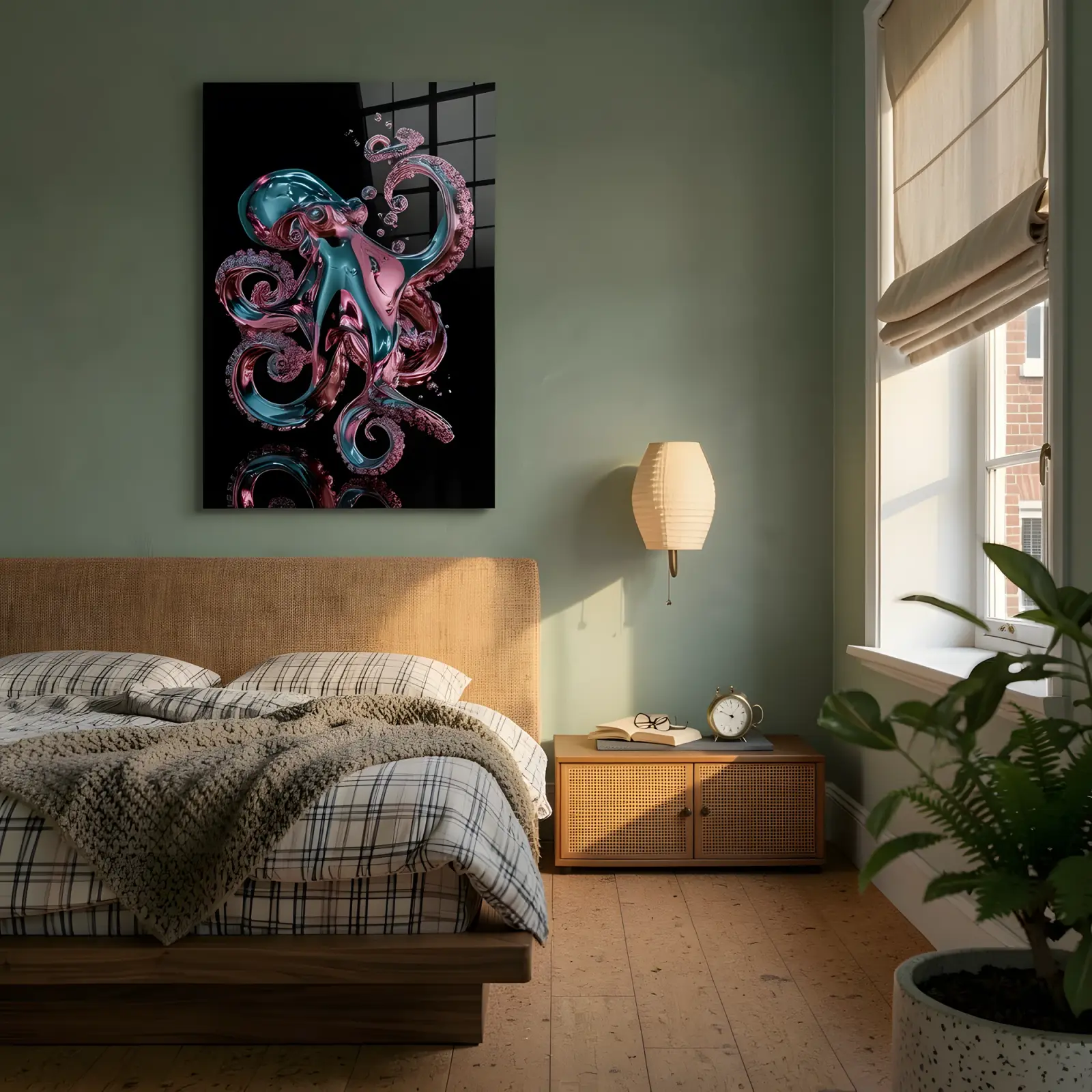 Octopus Glass Wall Art Teal Pink Chrome | Tempered Glass Print — 7