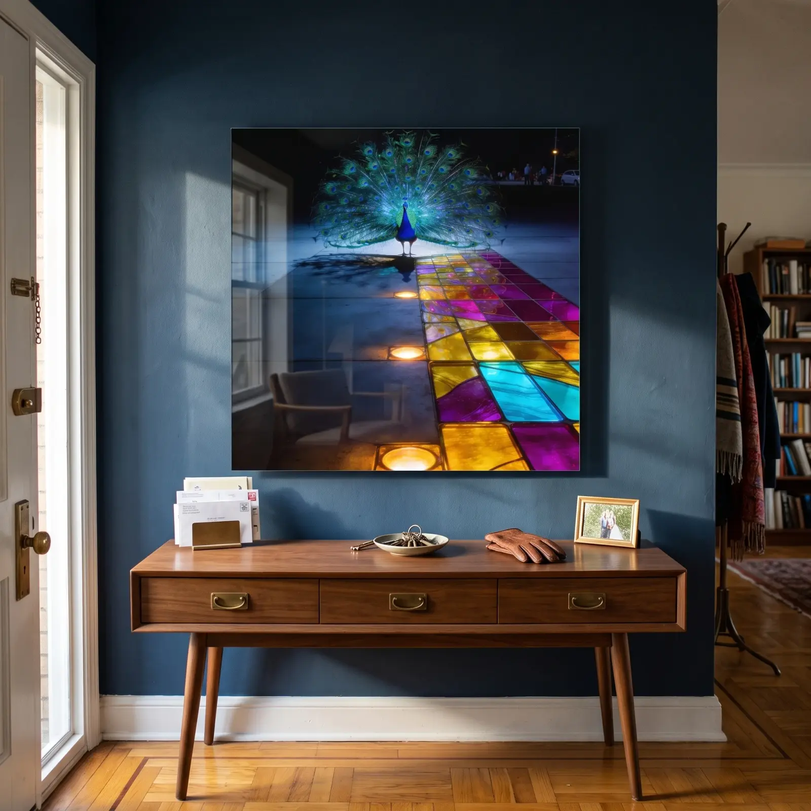 Peacock Stained Glass Style Illuminated Path | Glass Wall Art