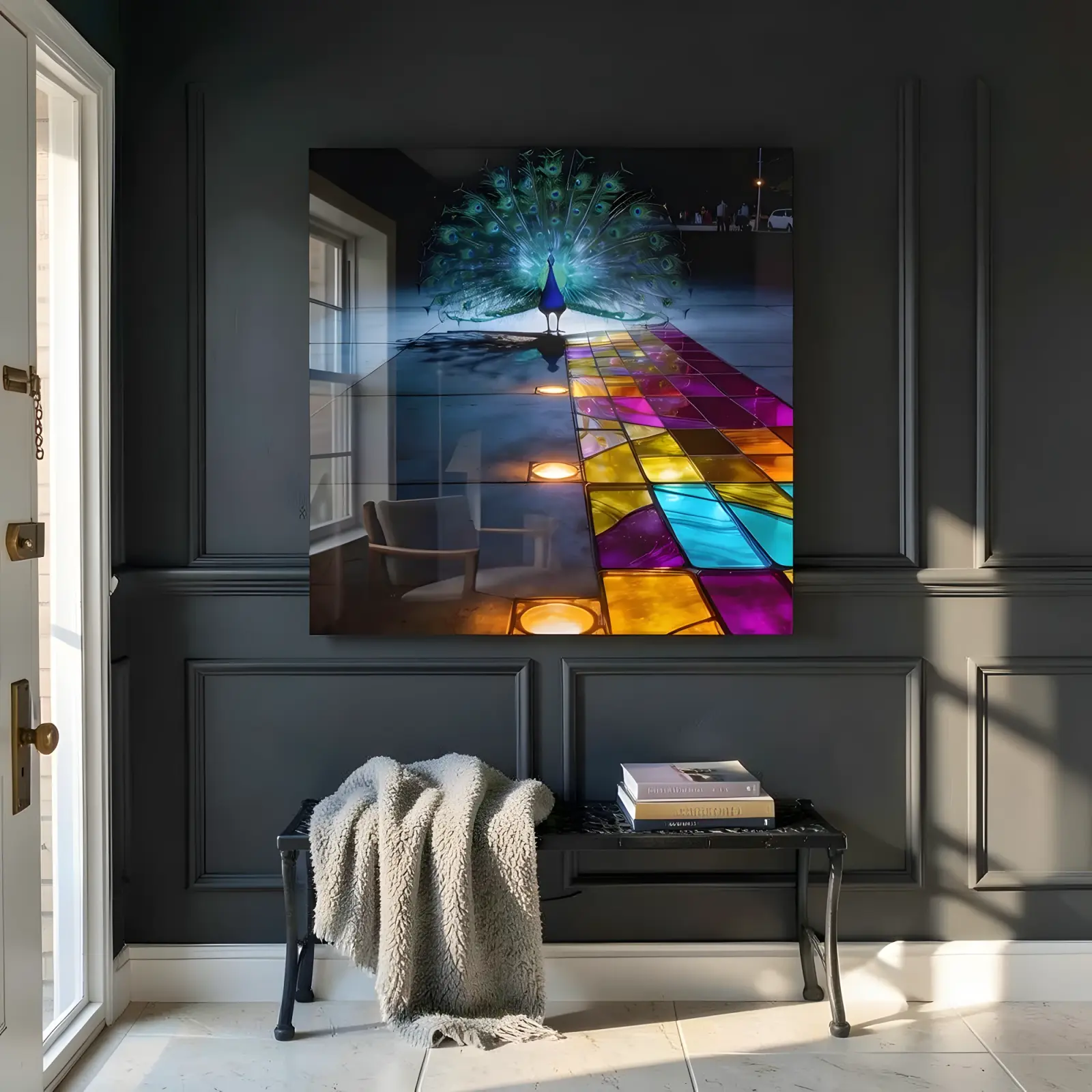 Peacock Stained Glass Style Illuminated Path | Glass Wall Art — 4