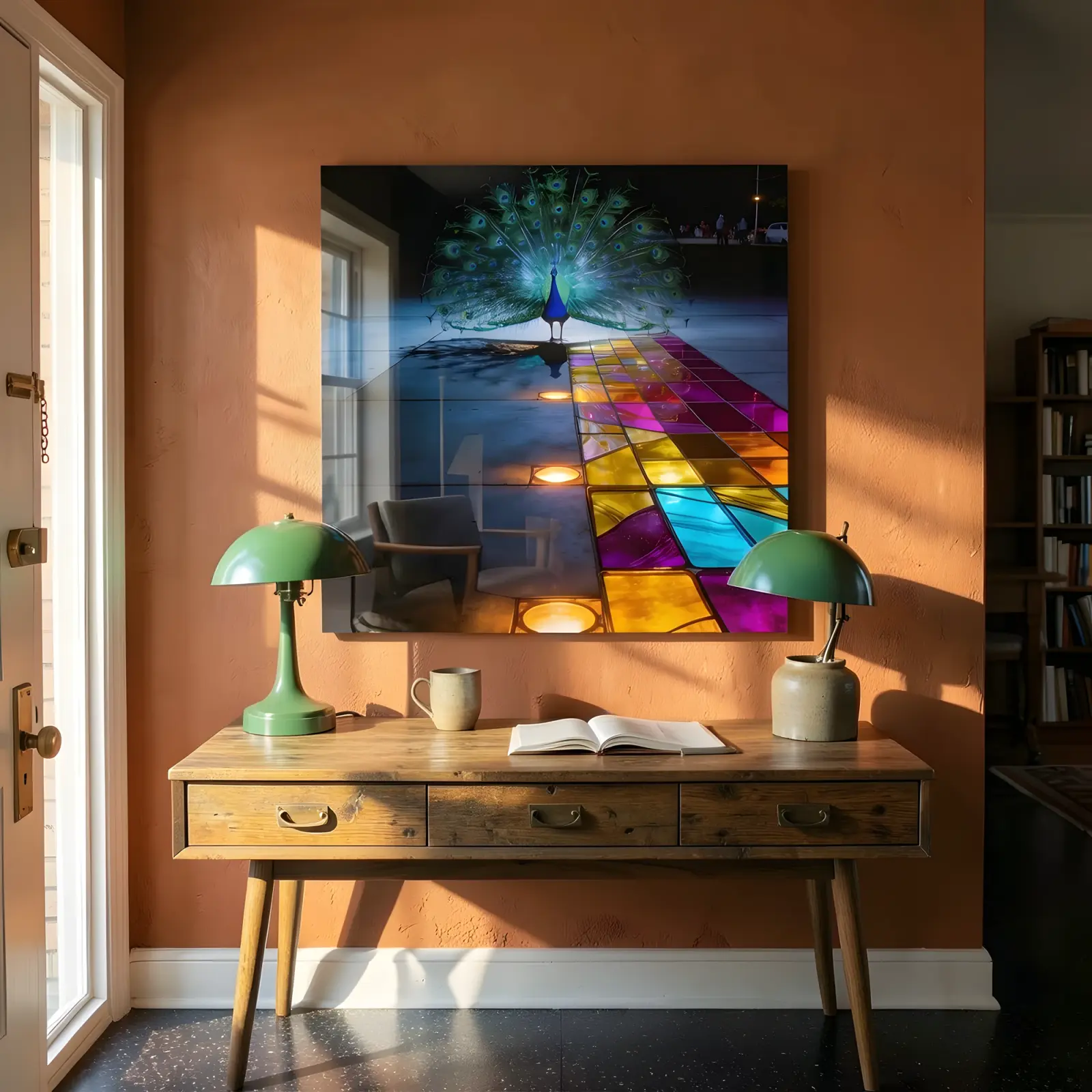 Peacock Stained Glass Style Illuminated Path | Glass Wall Art — 5