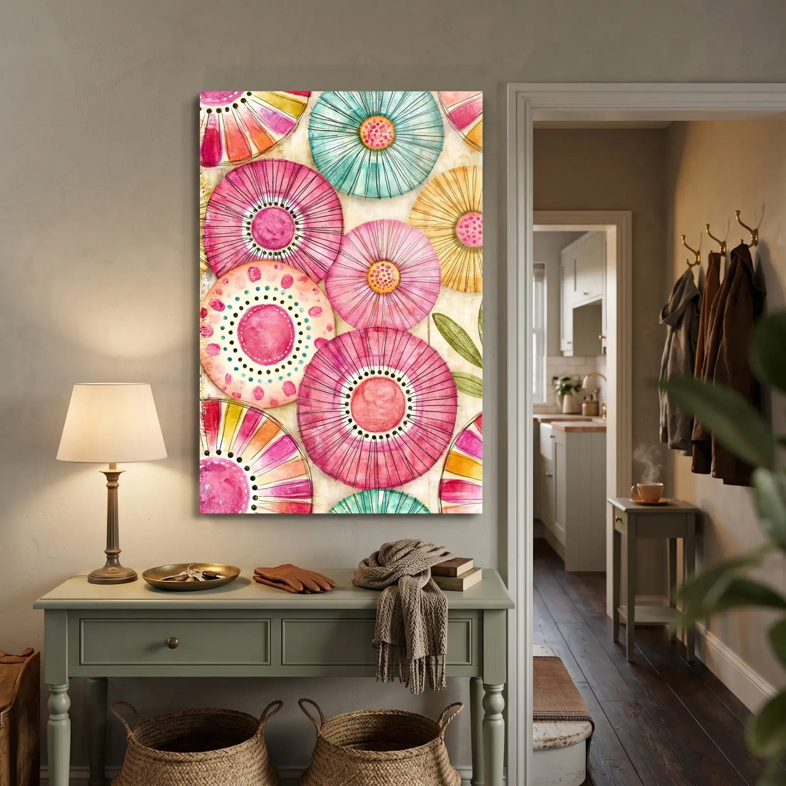 Watercolor Floral Medallions Pink Bloom Pattern | Glass Wall Art — 2
