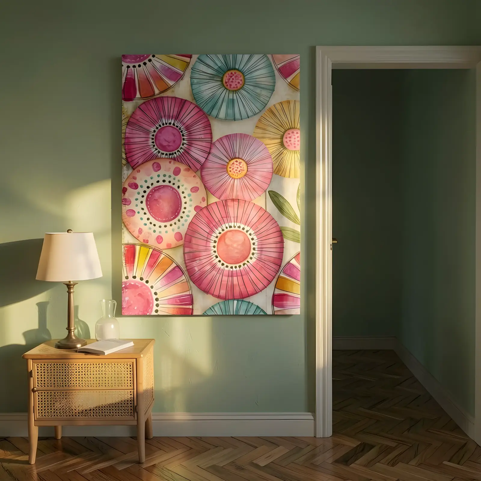 Watercolor Floral Medallions Pink Bloom Pattern | Glass Wall Art — 6